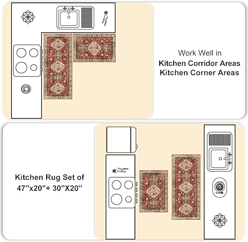 Miniatura 7 de Lahome Juego de 2 alfombras finas de cocina, lavables para el frente del fregadero, tapetes orientales para fregadero de cocina, tapete tribal