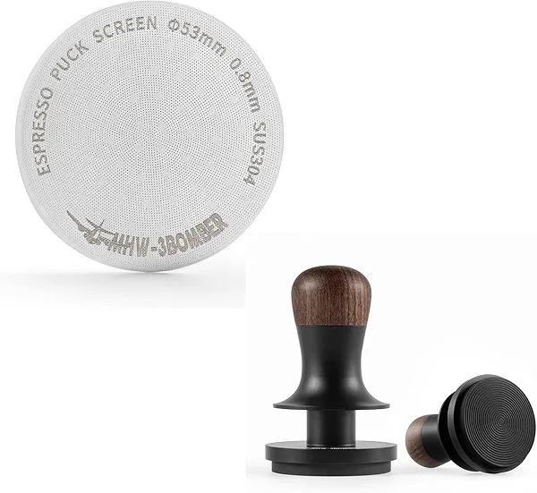 MHW-3BOMBER 53mm Espresso Puck Screen Metal Coffee Filter Reusable Espresso Filters & MHW-3BOMBER 53.35mm Espresso Coffee Tamper with Three Spring Loaded Calibrated Espresso Tamper