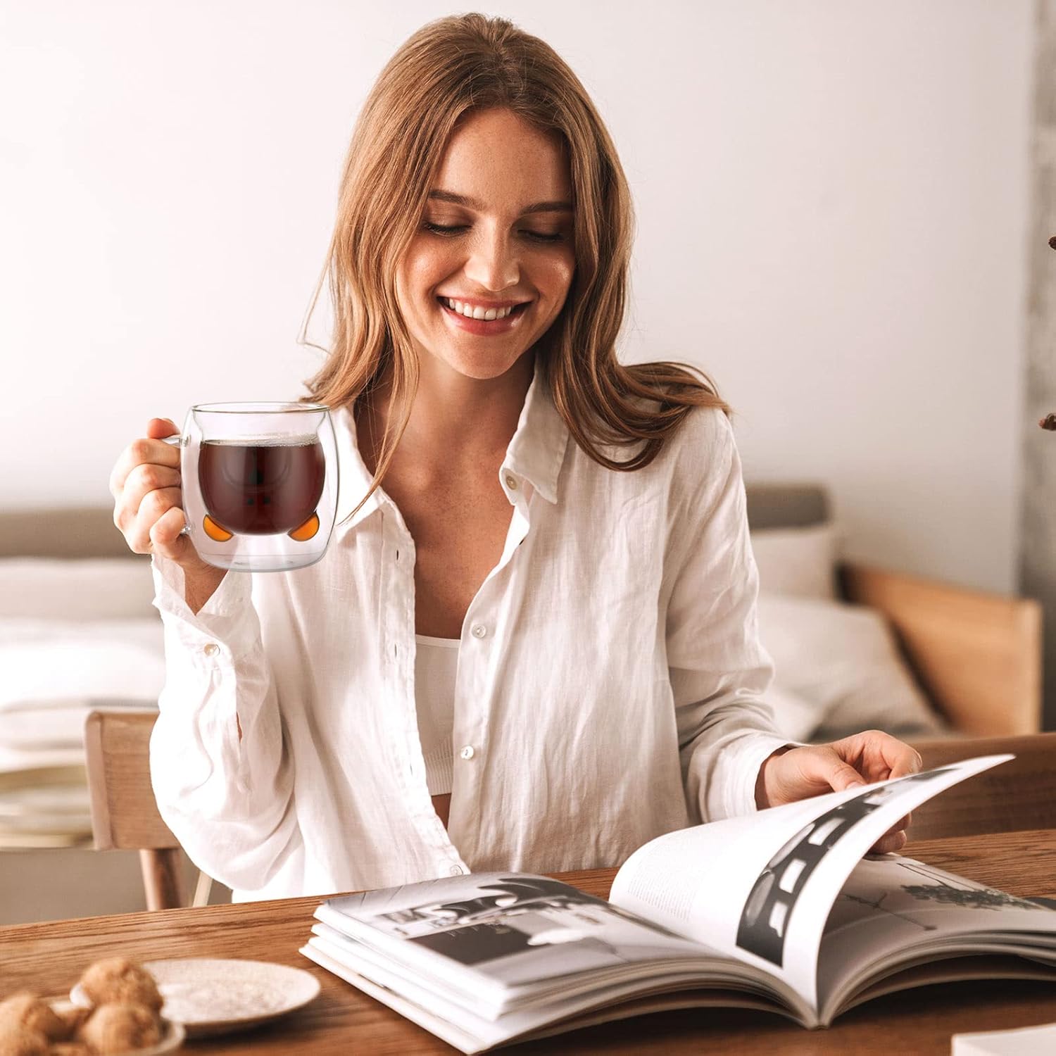 Eccliy 8 Pcs Cute Bear Mugs Bear Tea Cup 8.5 oz Double Wall Glass Honey Milk Coffee Mug with Handle Insulated Glass Espresso Cups Birthday Gift for Women Men Gift