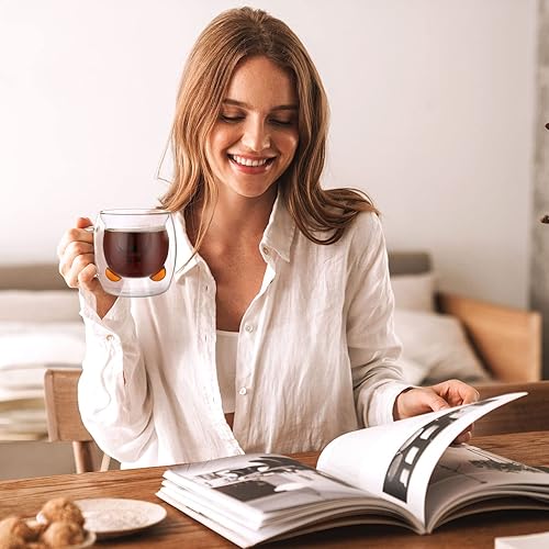 Miniatura 7 de Eccliy 8 tazas de oso lindas tazas de té de oso de 8.5 onzas de doble pared de vidrio con leche y miel, taza de café con asa, tazas de café de