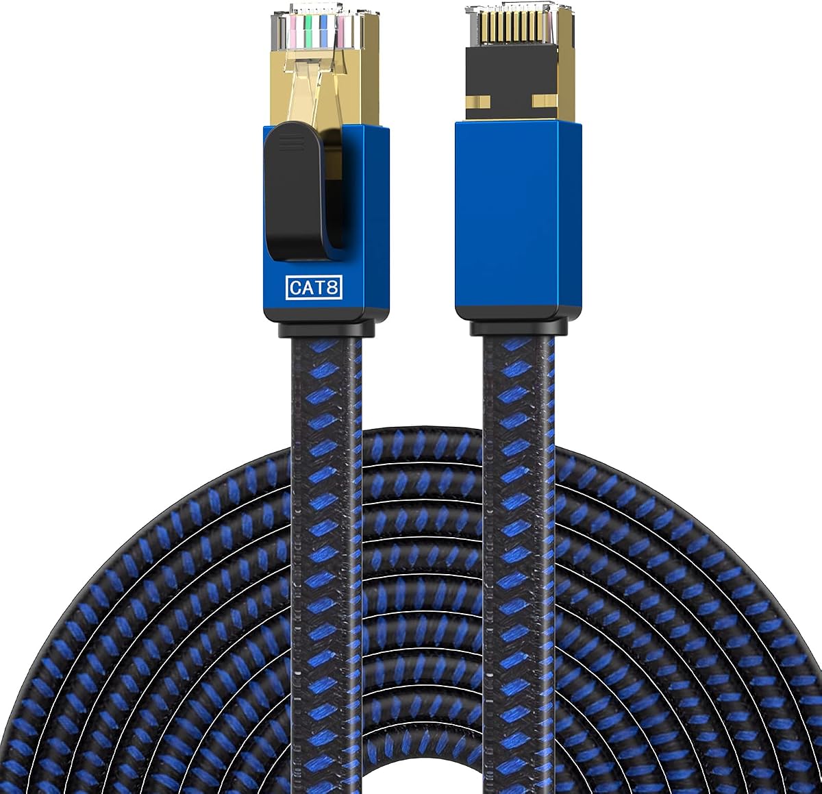 Cat 8 Ethernet Cable 6FT, 40Gbps High Speed Internet Cable, Nylon Braided Flat LAN Cable with RJ46 Connectors, Shielded (SSTP) Weatherproof Network Cord for PC, Router, Modem, Gaming – Blue