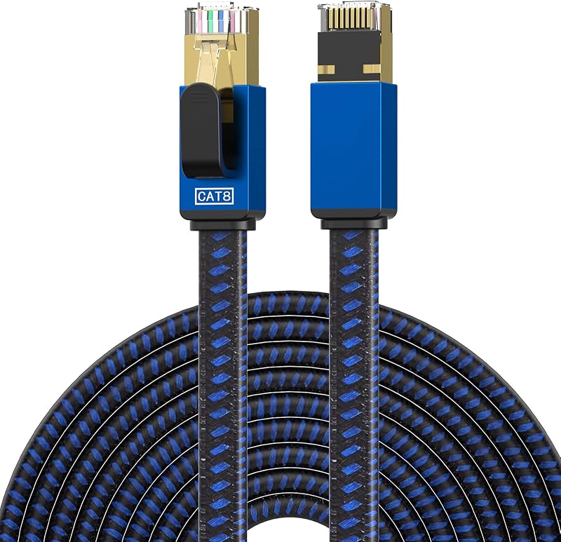 Cat 8 Ethernet Cable 6FT, 40Gbps High Speed Internet Cable, Nylon Braided Flat LAN Cable with RJ46 Connectors, Shielded (SSTP) Weatherproof Network Cord for PC, Router, Modem, Gaming – Blue