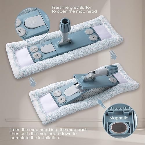 Miniatura 4 de Trapeador de polvo para limpieza de suelos, trapeador plano magnético con 2 almohadillas lavables, mango de hierro extensible de 64 pulgadas para