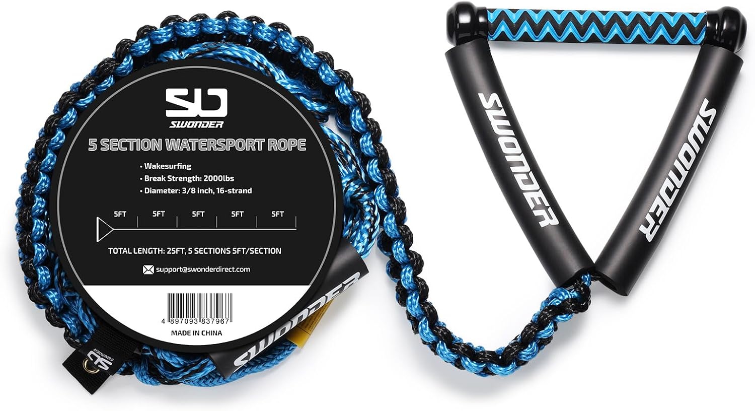 Swonder 25ft Floating Wakesurf Rope - 5 Adjustable Sections Wake Surf Ropes with 10" EVA Diamond Handle, Comfortable Braided Watersport Line for All Skill Levels
