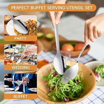 13-Inch Large Stainless Steel Serving Spoons Set, Long Handle Buffet Utensils, Dishwasher Safe (Silver, 6 piece)