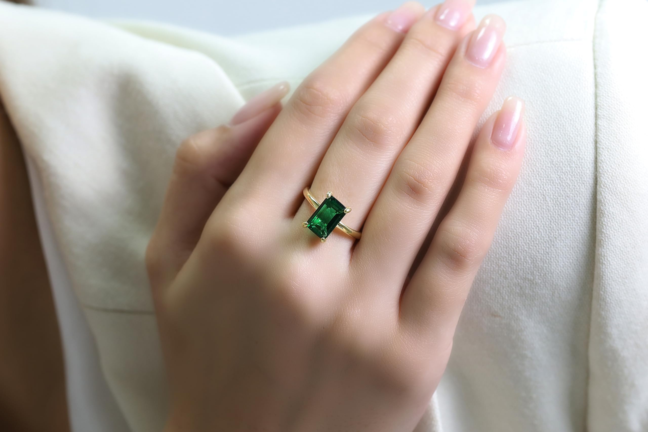 Rechteckiger Smaragd Verlobungsring, Ehering, Jahrestag Gold Solitär Ring - Elegante Frauen Edelstein Ringe - Anpassbar mit Gravur - mit Box