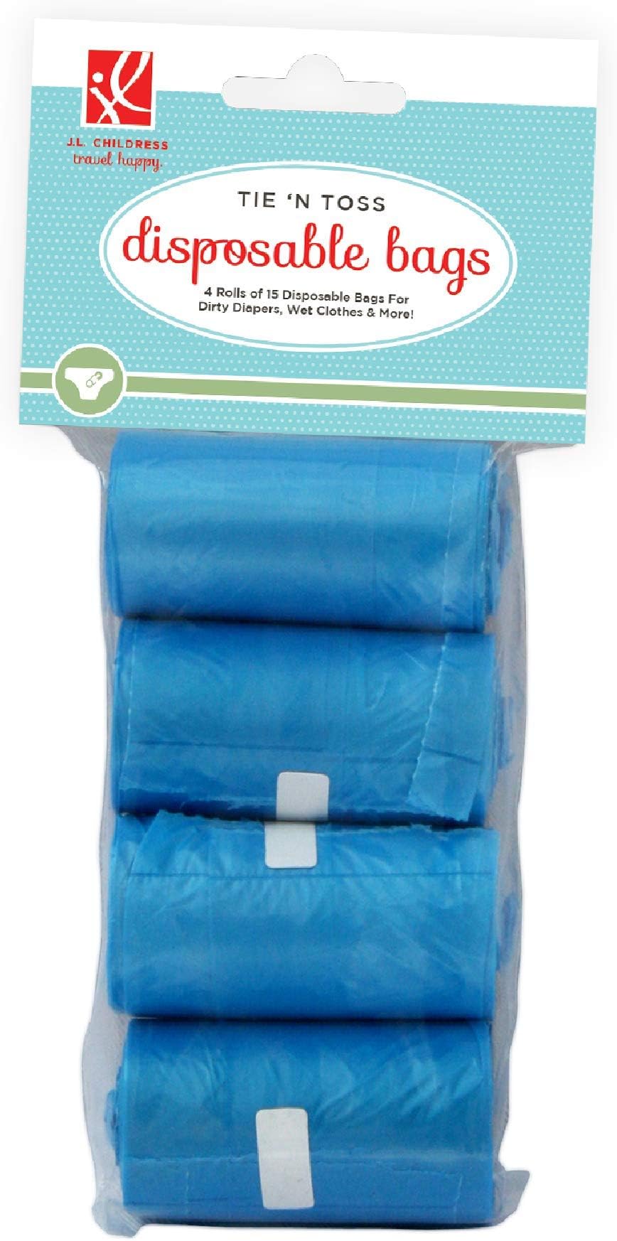 J.L. Childress Tie 'N Toss Waste Bags - 60 Disposable Refill Trash Bags for Baby Diapers, Dog Poop, Travel Messes, Baby Essentials, On the Go Must Haves, Lightly Scented - Blue