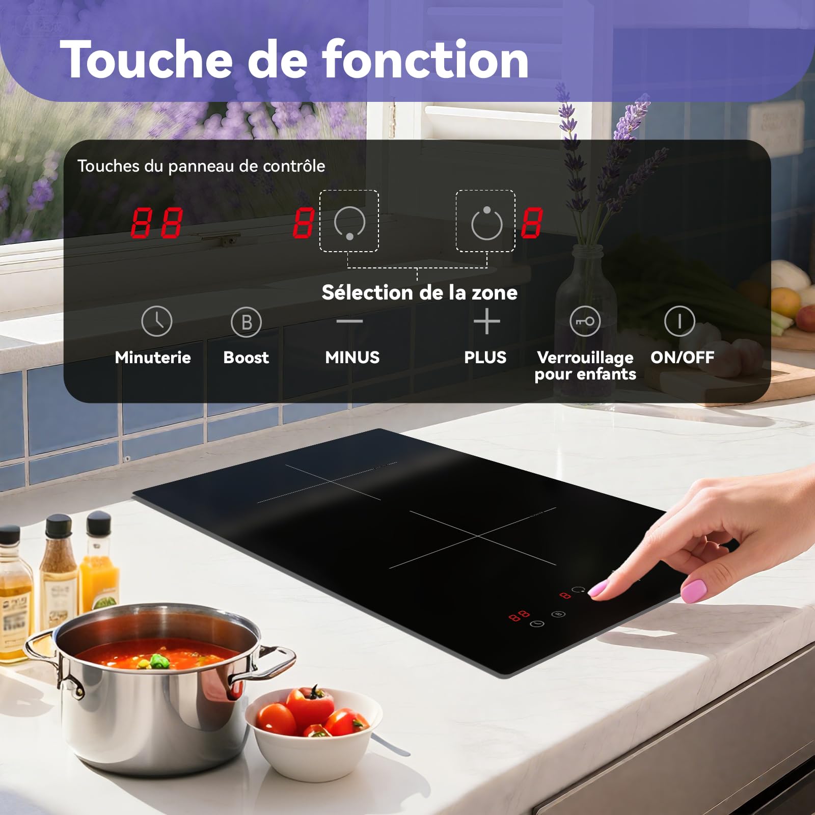 Placa de Inducción STARCHARTS 2 Fuegos Empotrable 2990W con Enchufe | Boost, mantiene caliente, temporizador 1-99 min, control táctil, bloqueo infantil, 9 niveles y enchufe