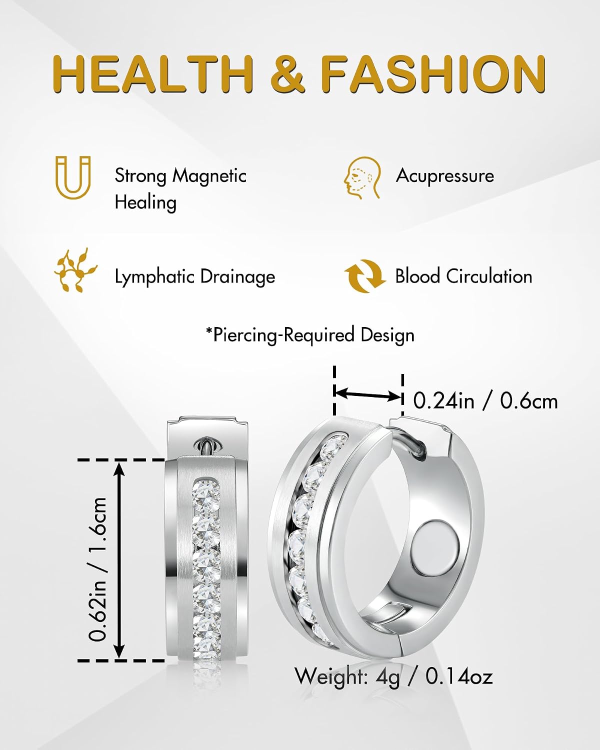 Feraco Magnetic Hoop Earrings for Women with 3500 Gauss Neodymium Magnet & Sparkling AAA+ Cubic Zirconia, Stainless Steel Magnetic Therapy Jewelry, Upgraded Setting Technology