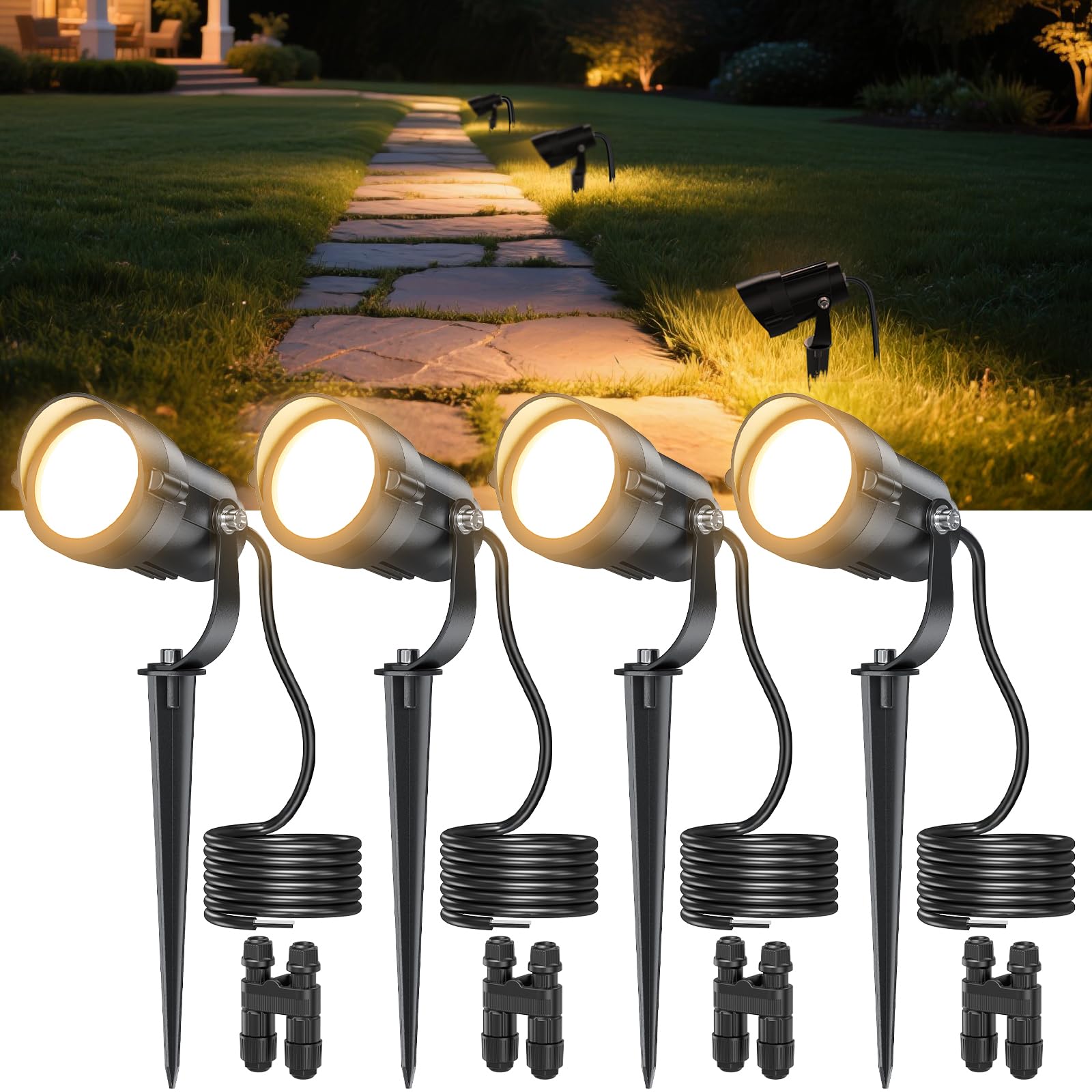 HIBOITEC 1300LM Garden Spot Lights + Wire Connector, 1,5m Outdoor Garden Lights IP65 Waterproof