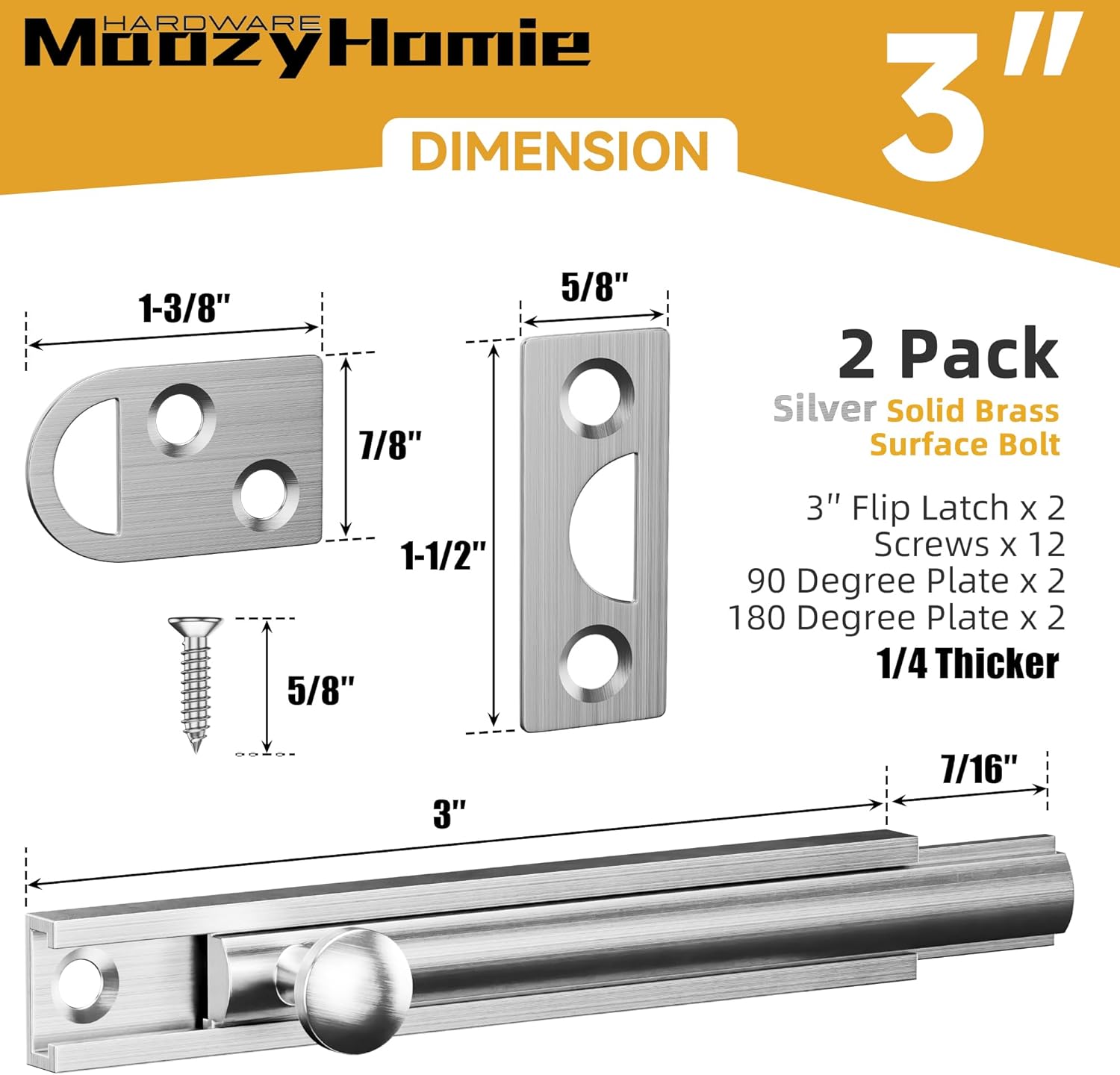 3 Inch Solid Brass Surface Bolt, Heavy Duty Concealed Slide Surface Door Bolt, Slide Bolt Latch French Door Lock with Screws for Windows Cabinet Wooden Fence Yard, Brushed Silver, 2 Pack