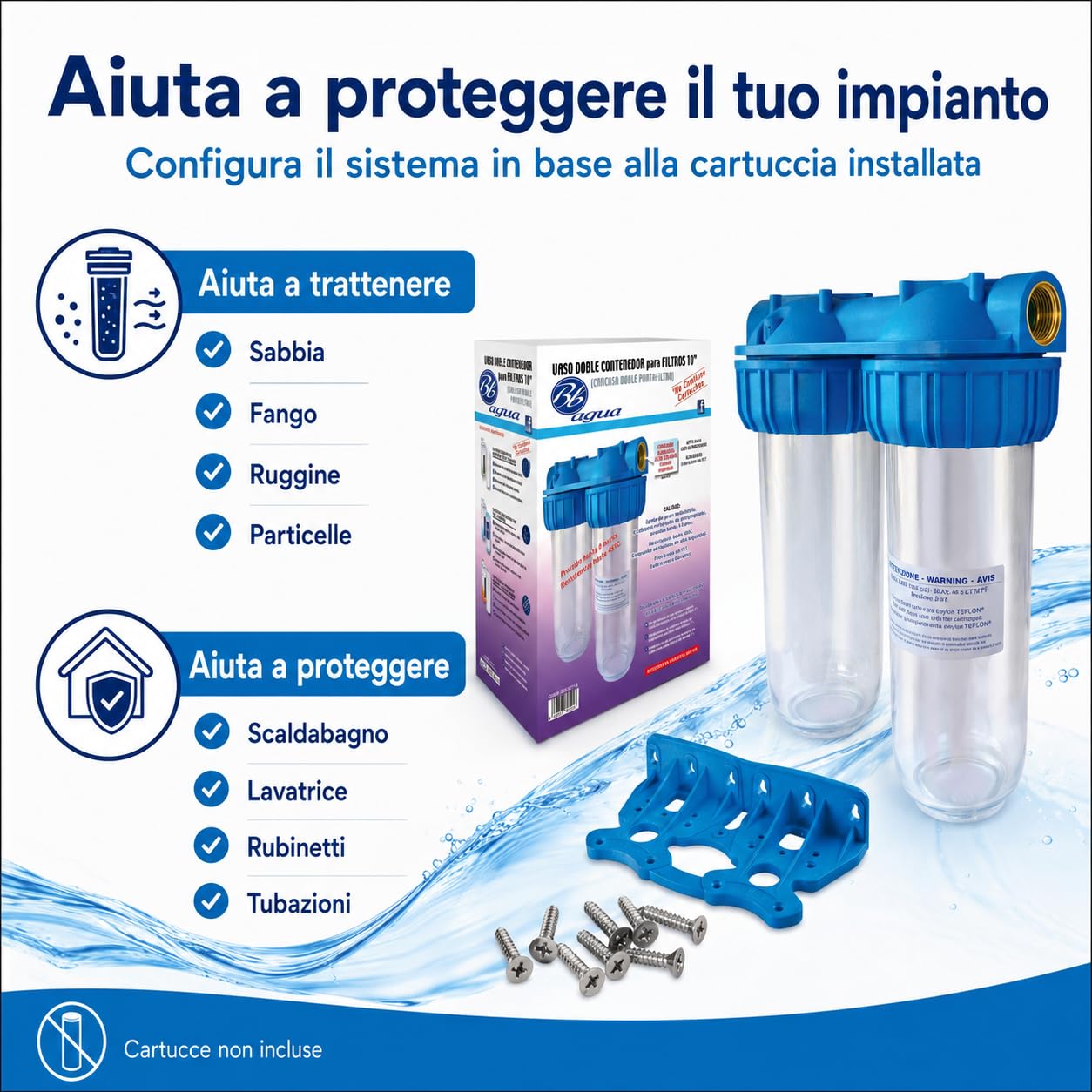 Sistema filtro acqua doppio 10" per casa e impianto domestico, portafiltro universale per sedimenti, cloro, sabbia e impurità, compatibile cartucce standard 10 pollici, installazione facile a parete