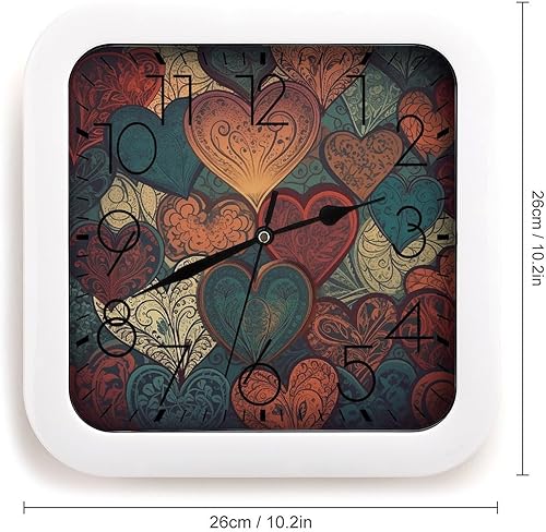 Miniatura 2 de 10" Square Modern Wall Clock,Different Heart Patterns Print Kitchen Clocks Wall Battery Operated,Silent Non Ticking Unique Funny Cute Wall Clock for