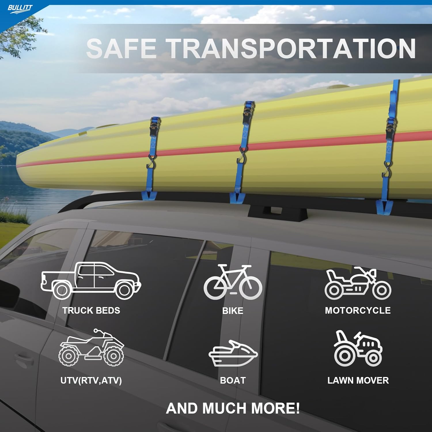 BULLITT 4PK Ratchet Straps Set with 1653LBS Break Strength, 1" x 15' Tie Down Racheting with Safety S Hooks+4 X 1" *10.4" Soft Loops, Cargo Straps for Truck, Trailer, Moving Appliances-Blue