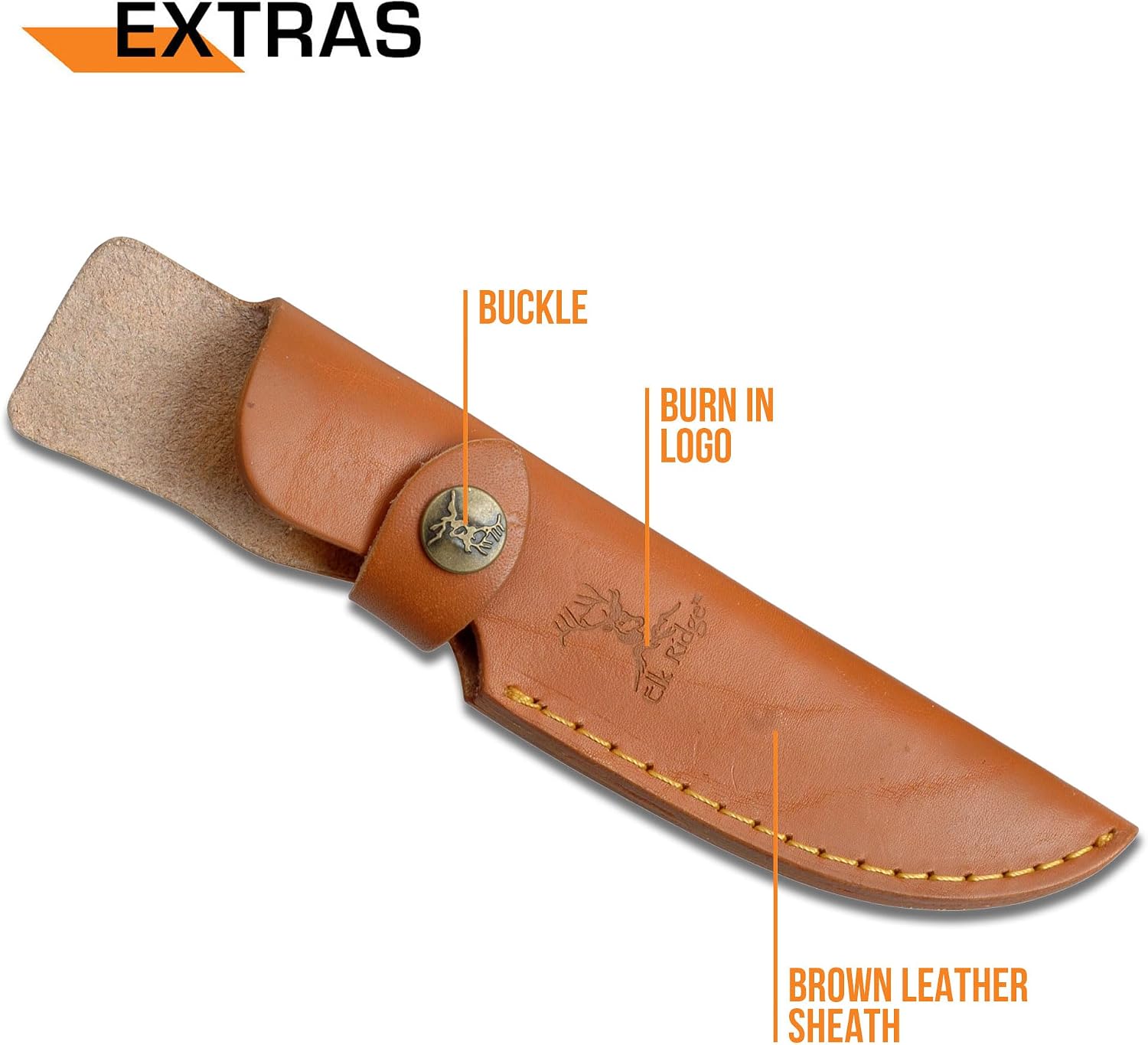 Elk Ridge 268 Series Outdoors Fixed Blade Knife - 8-in Overall, 440 Stainless Steel Blade with Hammered Finish, Wood Handle, Leather Sheath - Hunting, Camping, Survival