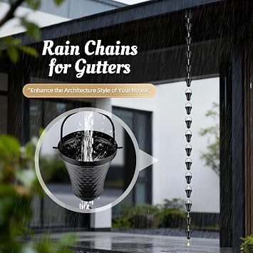 Tfro & Cile Rain Chain Black Gutter Downspout Catcher Outside Water Diverter Decorative Garden Rain Cups Chime Home Decor - 8 1/2 Feet Long