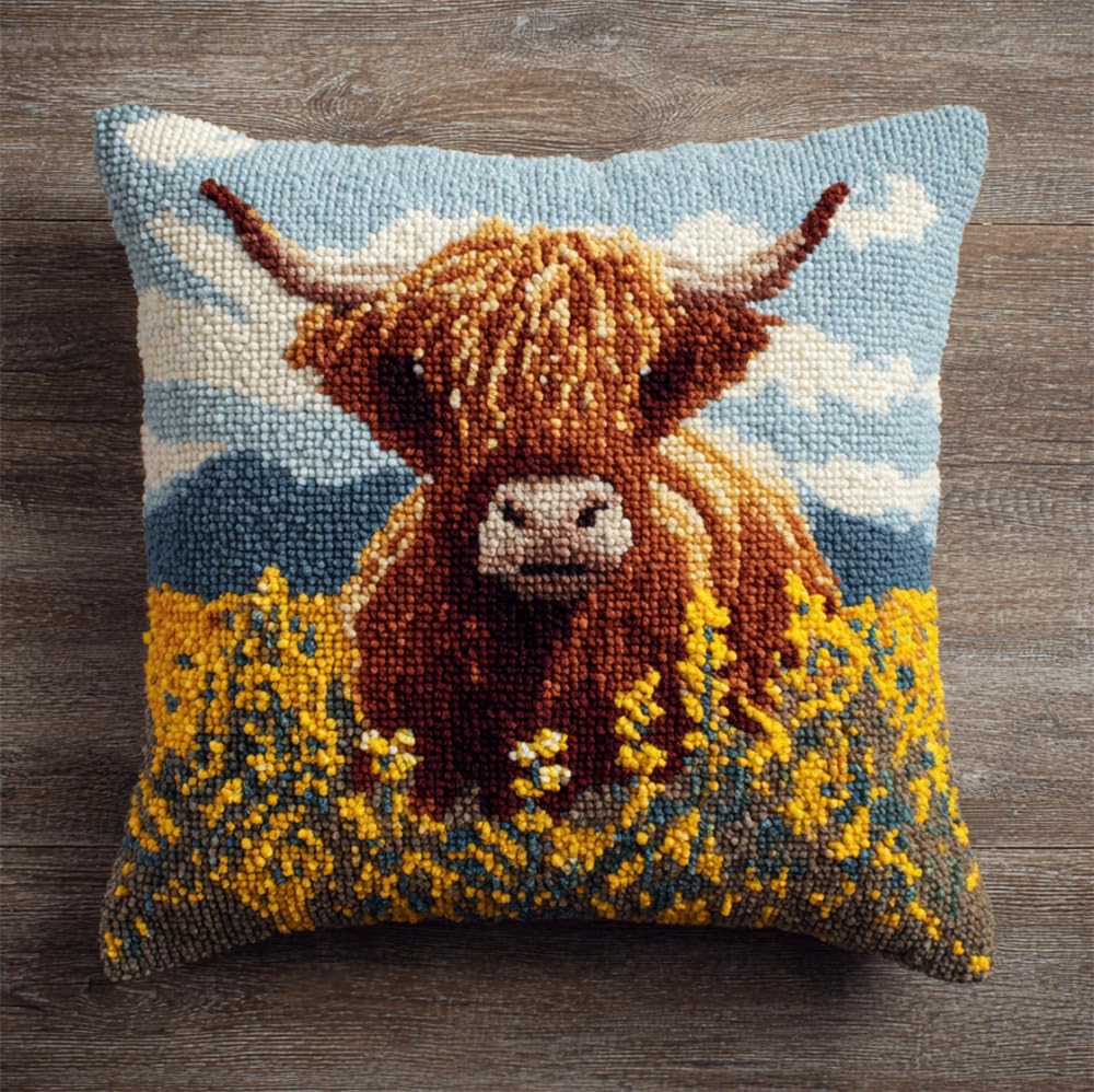 RKFLGEW Latch Hook Pillow Kits for Adults Beginners Highland Cow and Flower 17X17 in DIY Pre-Printed Latch Hook Rug Carpet Cushion Kits Cross-Stitch Embroidery Cushion Embroidered Pillow for Ho