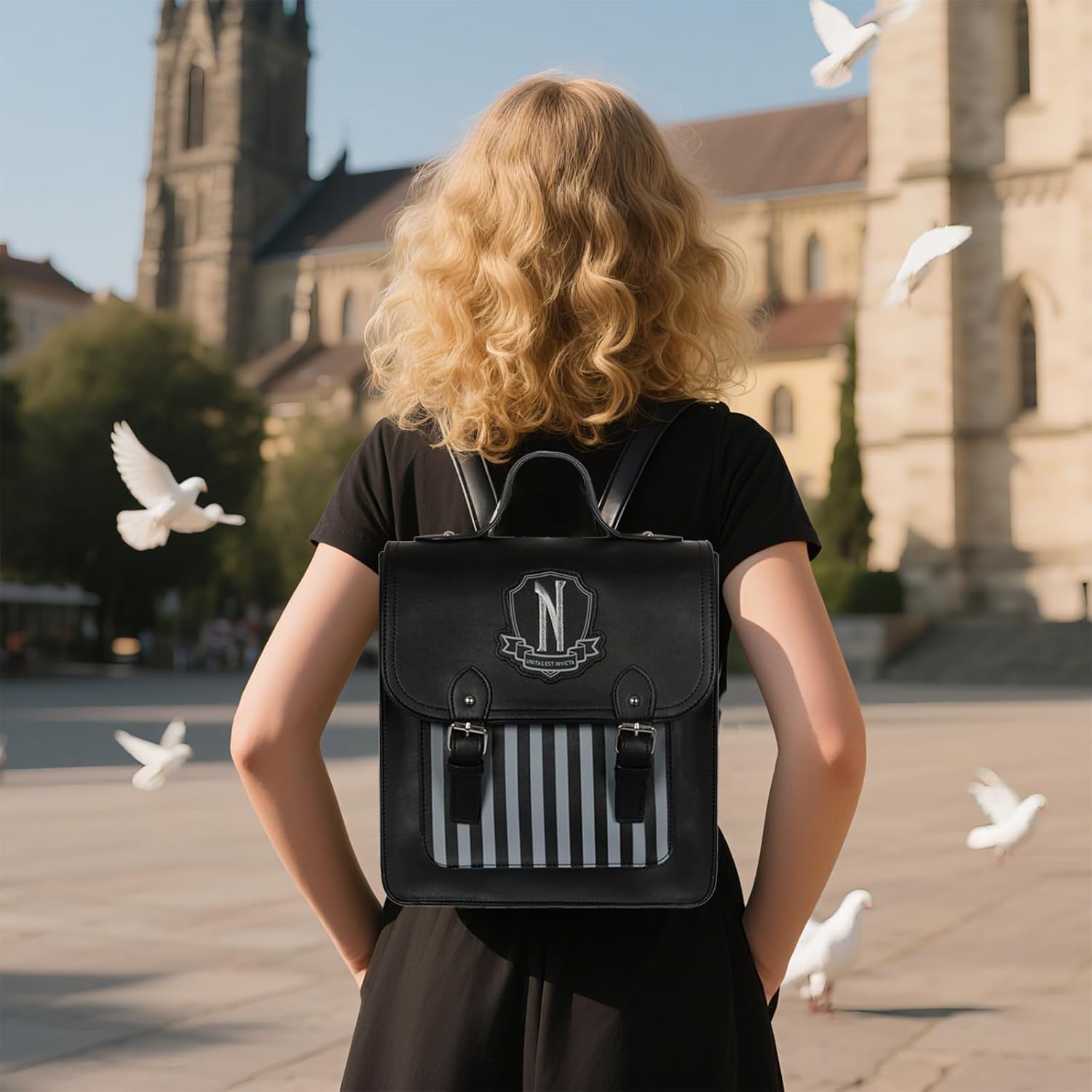 Addams Gothic Faux Leather Backpack Black fashion Back pack - Image 3