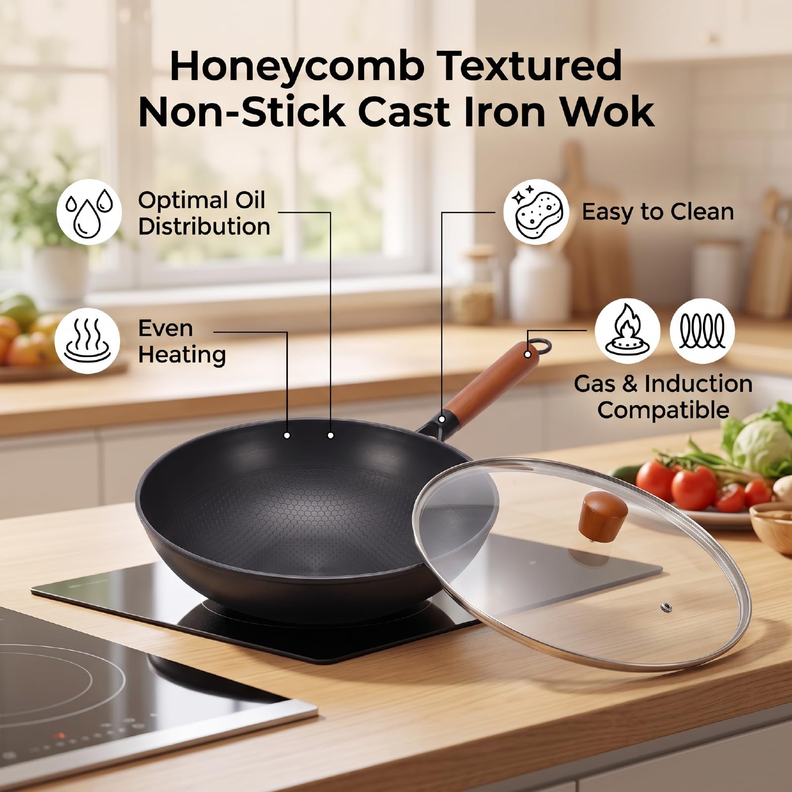 Luocute Wok in Ghisa con Superficie Strutturata a Nido D'ape, 32 Cm