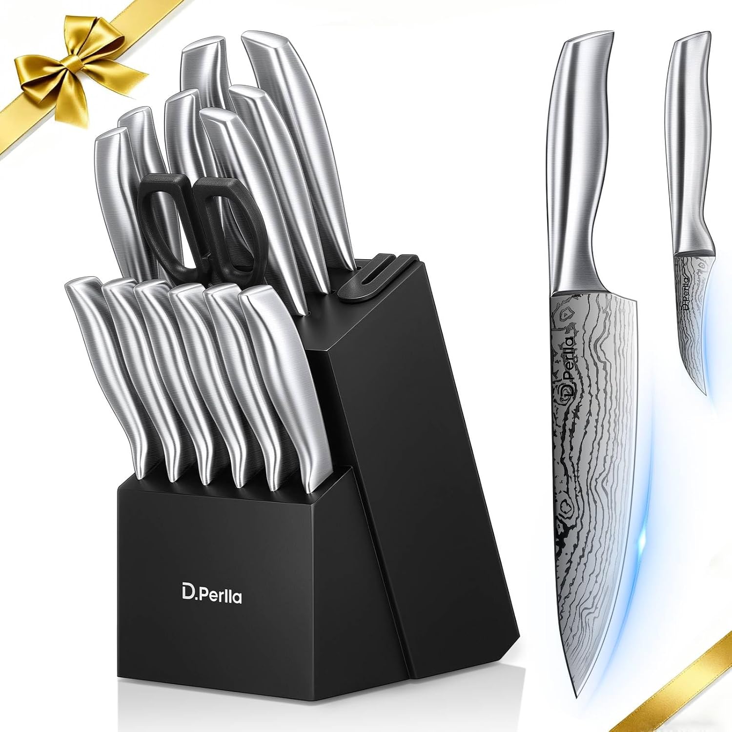 Knife Set 16 PCS D Perlla Kitchen Knife Set with Block and Sharpener High Grade Stainless Steel Knife
