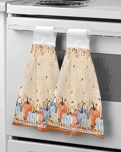 Miniatura 5 de Toalla de mano de otoño de Acción de Gracias con lazo para colgar, calabaza occidental, azul, naranja, hoja de arce, juego de 2 toallas para colgar,