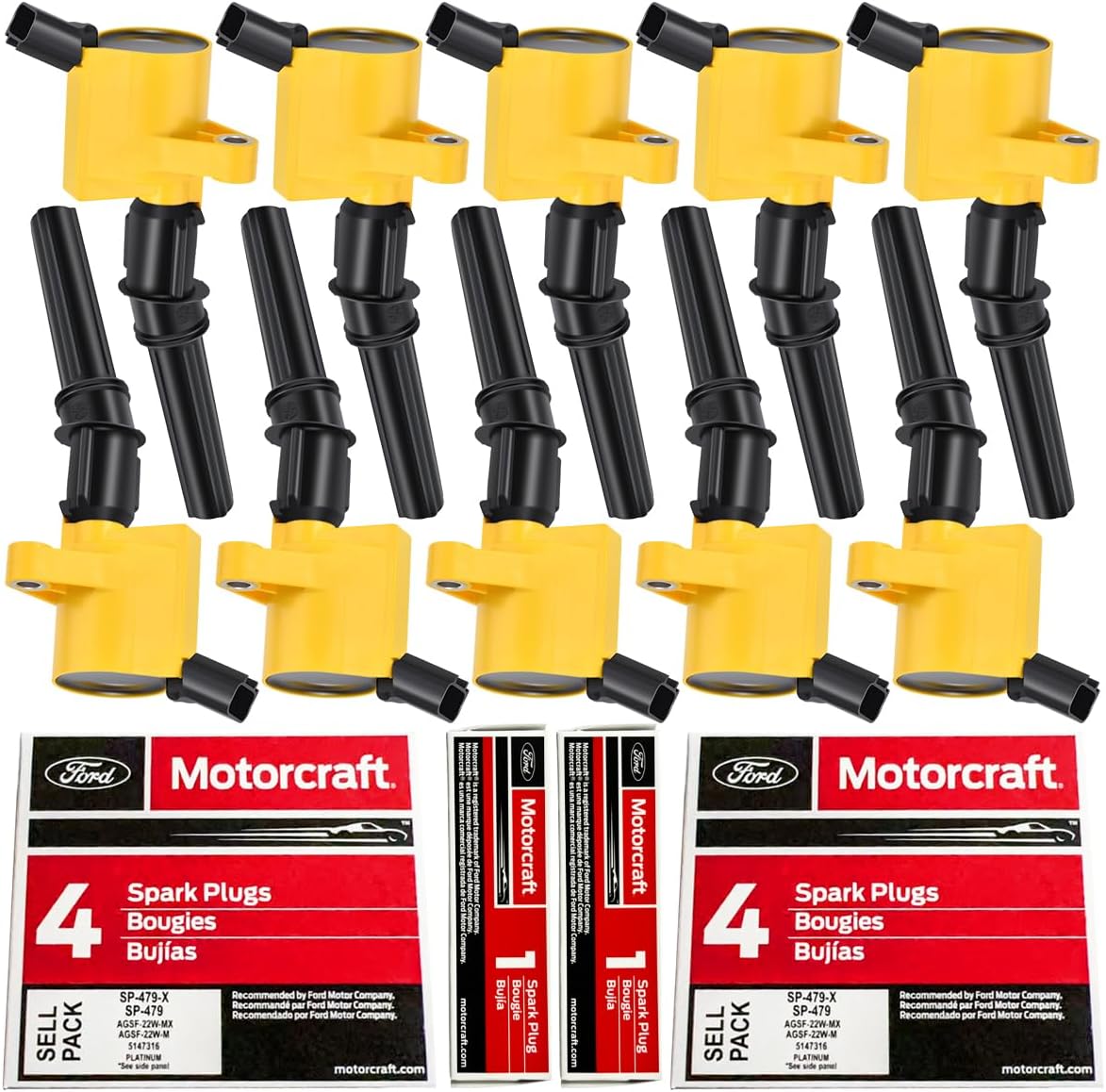 MAS Yellow Set of 10 Ignition Coil Pack DG508 Curved Boot & Motorcraft Spark Plug SP479 Compatible with Ford F150 F250 E150 Expedition Lincoln Replacement for FD503 DG457 C1417