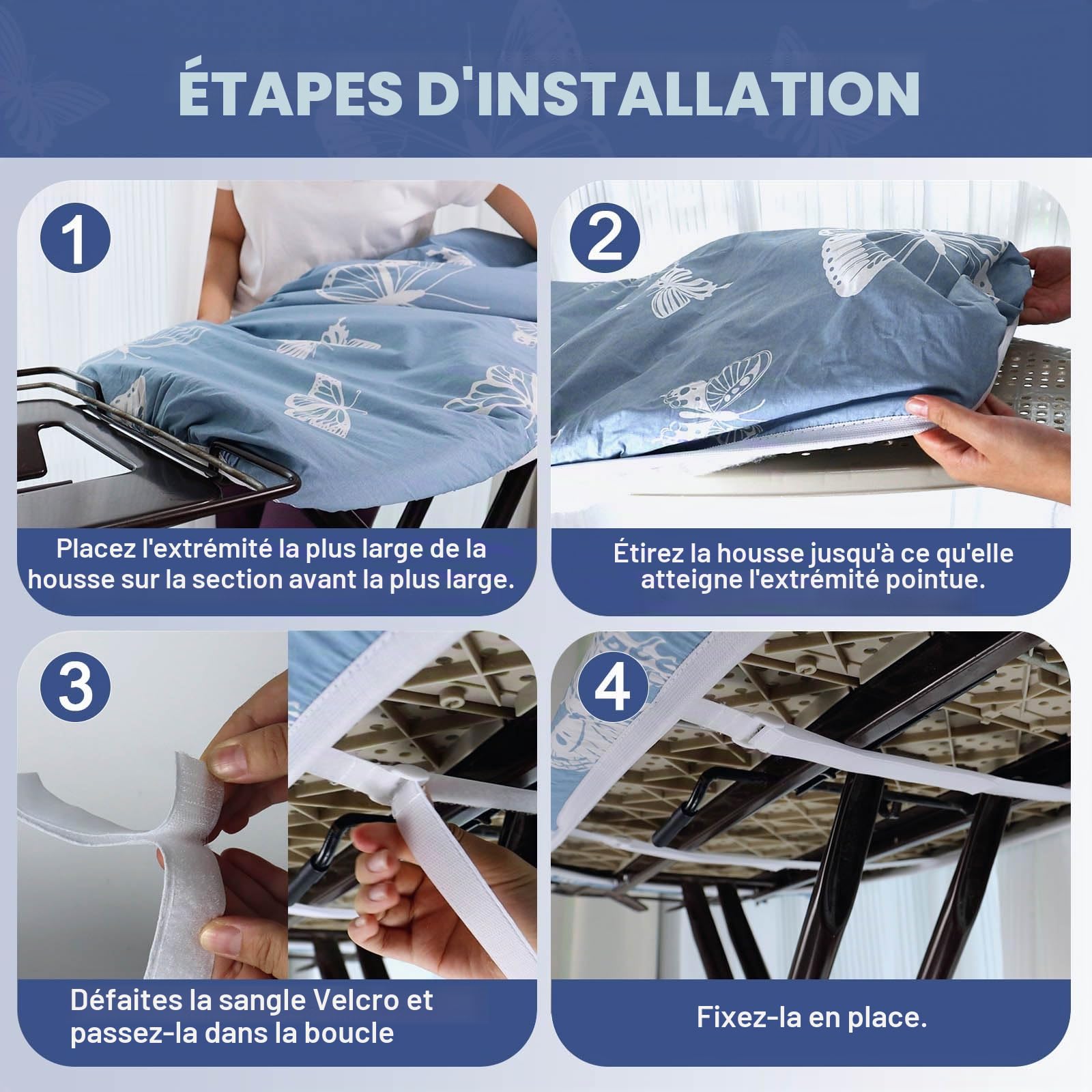 Housse de planche à repasser 125 x 45 cm et 122 x 38 cm - Rembourrage épais - Résistant aux brûlures et aux taches - Fermeture réglable - Rembourrée - Motif papillon