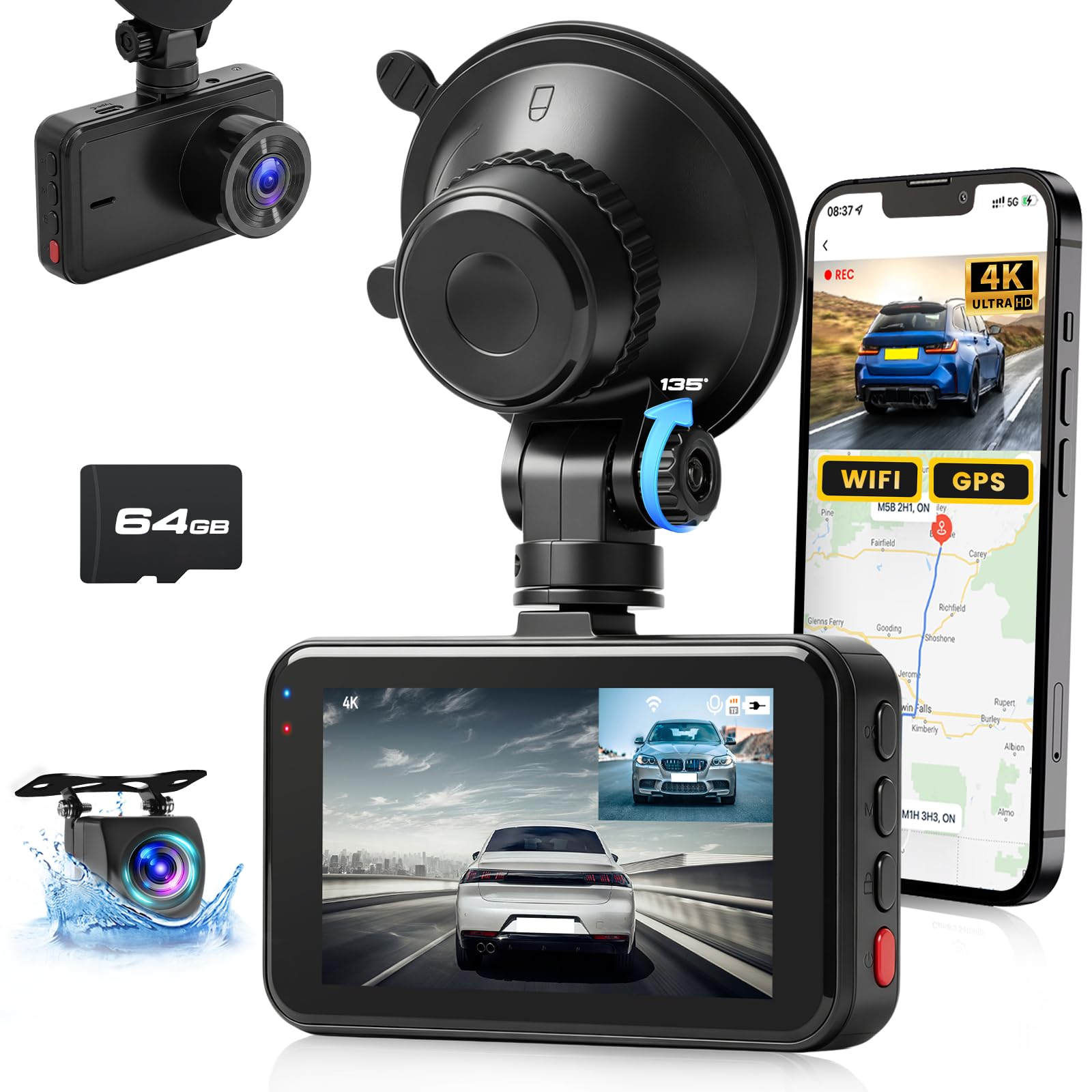 Inefala Dash Cam 4K Fronte Retro WiFi, 64GB, Schermo 3 Pollici