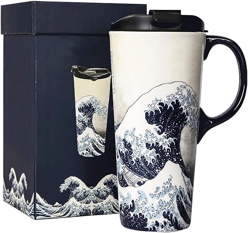 Miniatura 1 de DUSVALLY Taza de viaje de cerámica alta con tapa de 17 oz. Taza de café de porcelana con latte, The Great Wave
