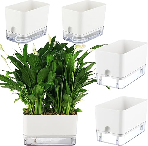 Miniatura 12 de Planterhoma Macetas de riego automático para plantas de interior de 7 pulgadas, paquete de 4 macetas rectangulares de riego automático con orificio