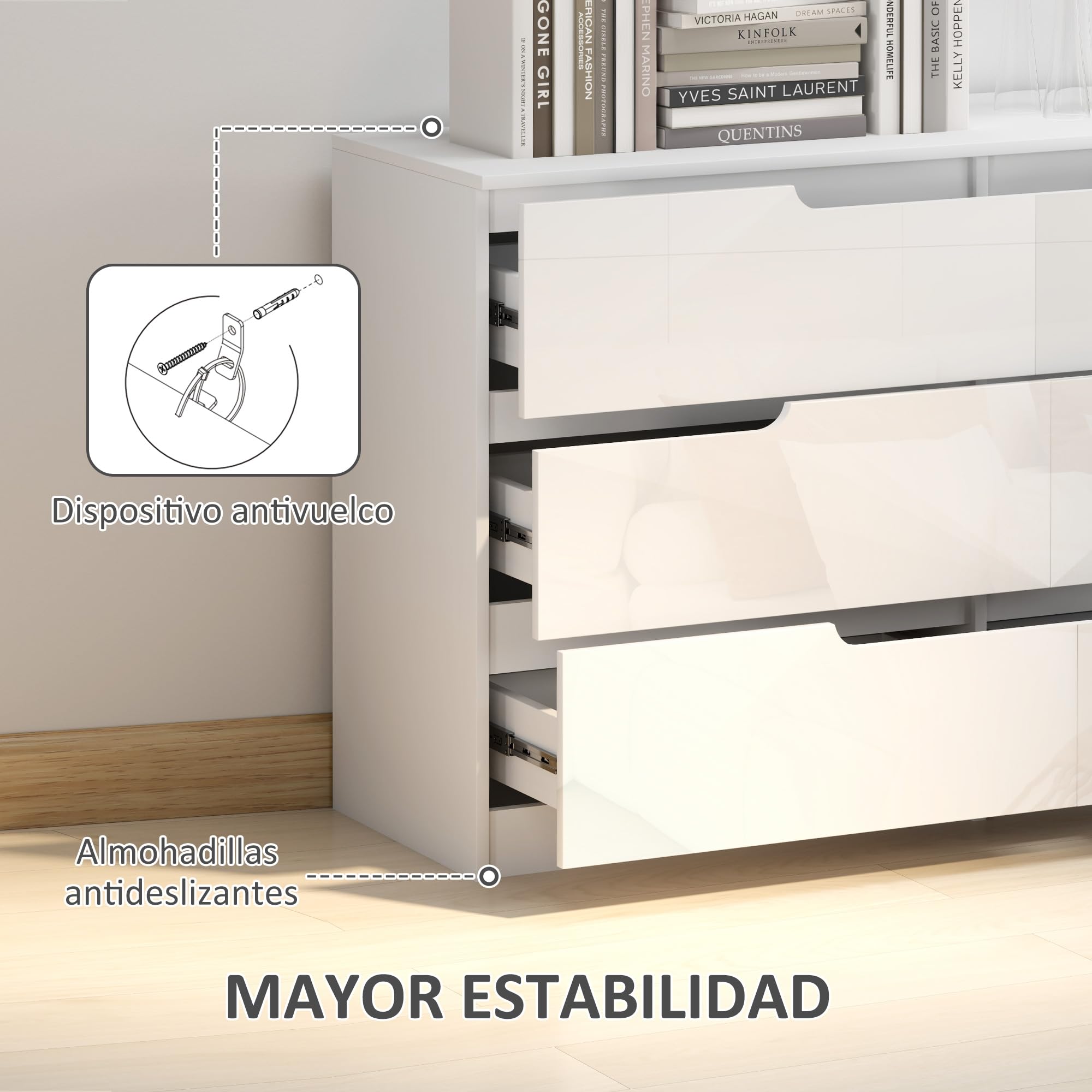 HOMCOM Cómoda con 6 Cajones Cómoda Dormitorio Moderno 120x40x75cm Blanco | con Anti-vuelco, Cajonera, para Salón Pasillo