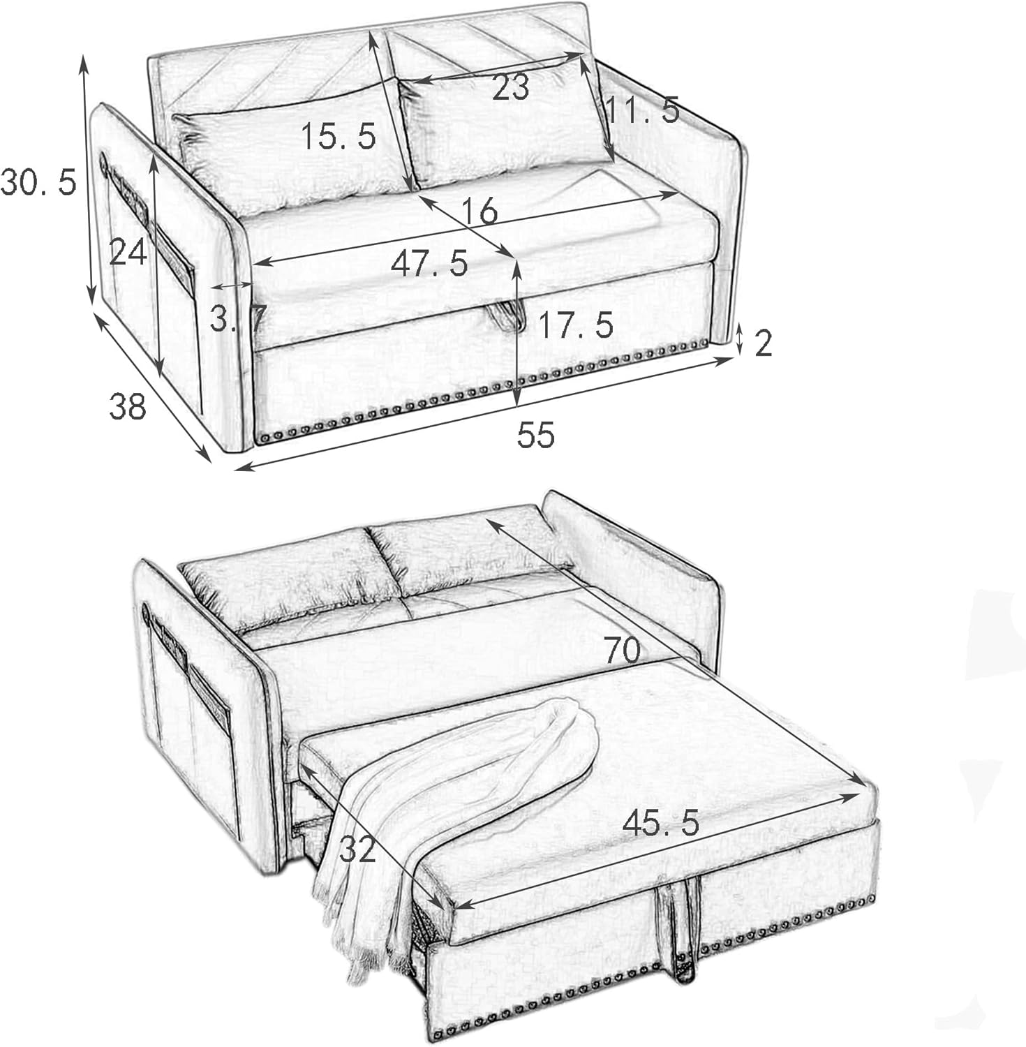 Loveseat Sleeper USB Port Pull Out Couch with Nailhead Trim, 3 in 1 Sofa Bed Adjustable Backrest with 2 Pillows, Grey