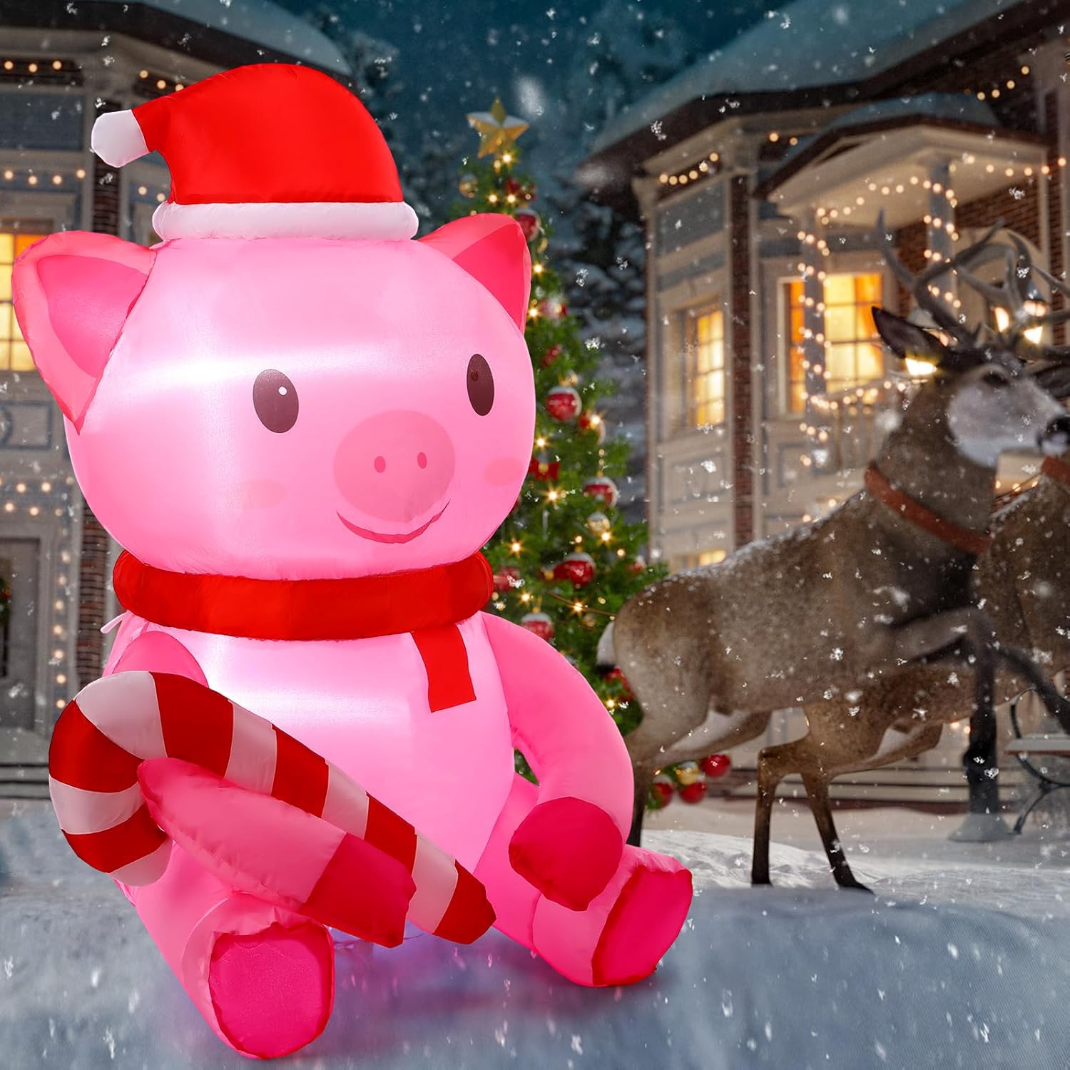 Hollowfly 3.3ft Christmas Inflatable Pig Pig with Santa Hat & Candy Cane Christmas Inflatable LED Lighted Blown Outdoor Pig Decor for Indoor Outside Lawn Garden Patio Decor