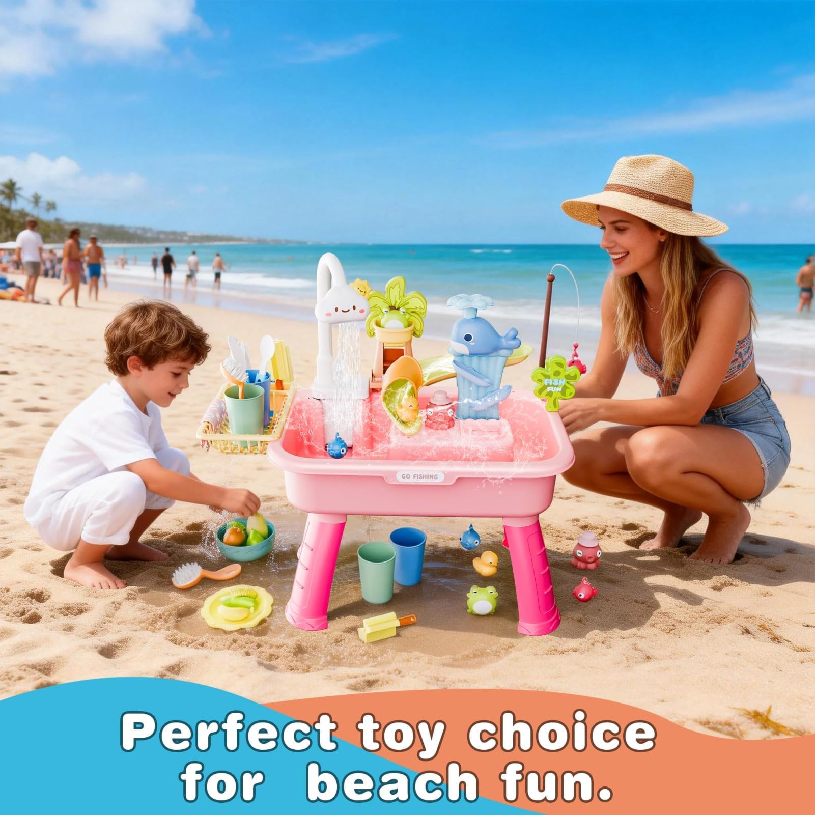 ZVD Table Eau Sable,Évier De Jeu Électrique avec Pompe Et Eau Courante avec 43 Pièces Accessoires de Jeux d'eau,Grande Table Exterieur Jouet sur La Plage Arrière- pour Les Enfant 3 Ans+ (Bleu)
