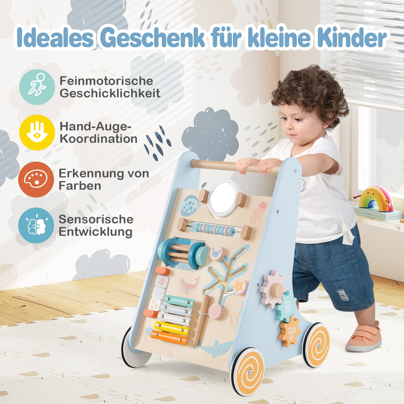 DREAMADE Lauflernwagen Holz, multifunktionale Lauflernhilfe mit Montessori Spielzeug, Schiebe- und Zieh-Lernaktivitätszentrum mit Rädern, Baby Walker für Jungen und Mädchen