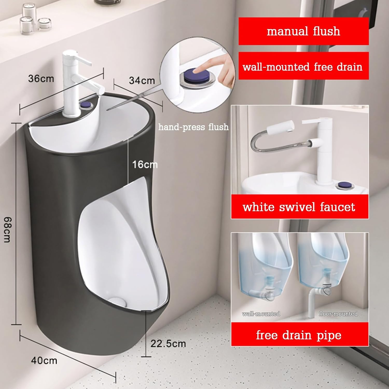 White Modern Drop Shape Men’s Urinal with Smart Sensor Flush and Water-Saving Washout, Wall-Mounted Anti-Splash Design for Residential Bathrooms, Commercial Spaces & Gyms(Black)