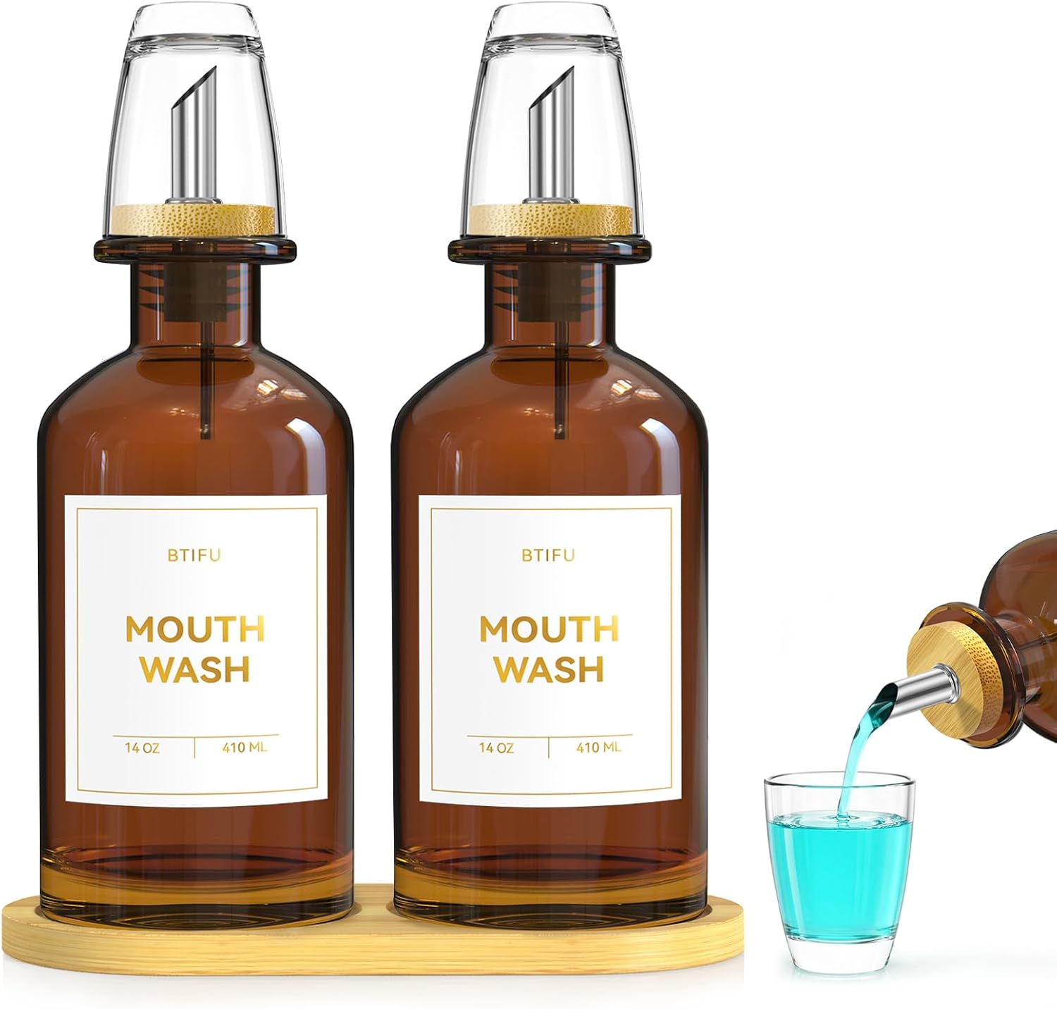 2Pack Amber Glass Mouthwash Dispenser for Bathroom - 14oz/410ml
