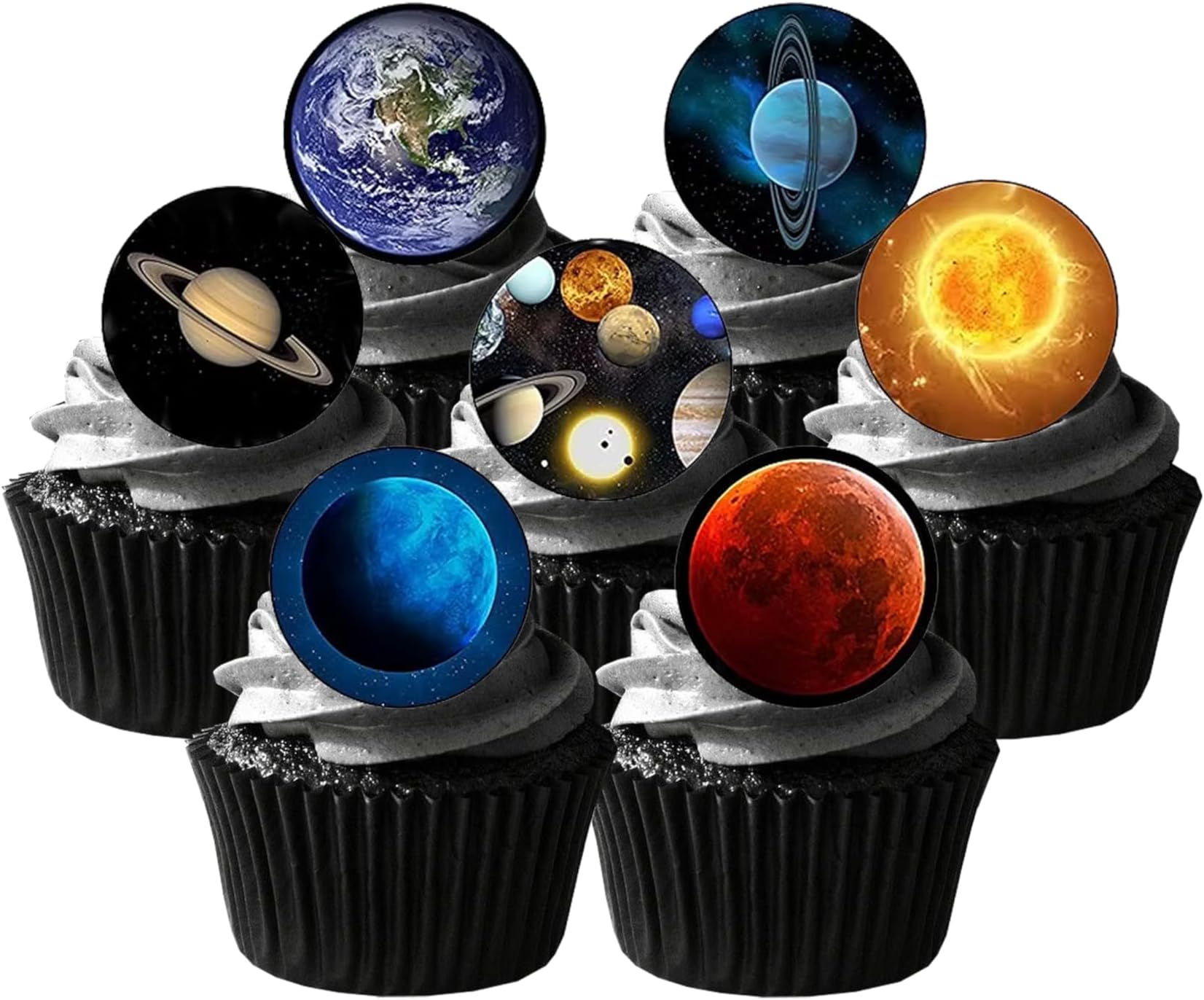 24 Precut Planets Outer Space Themed Edible Wafer Paper Cake Toppers Decorations