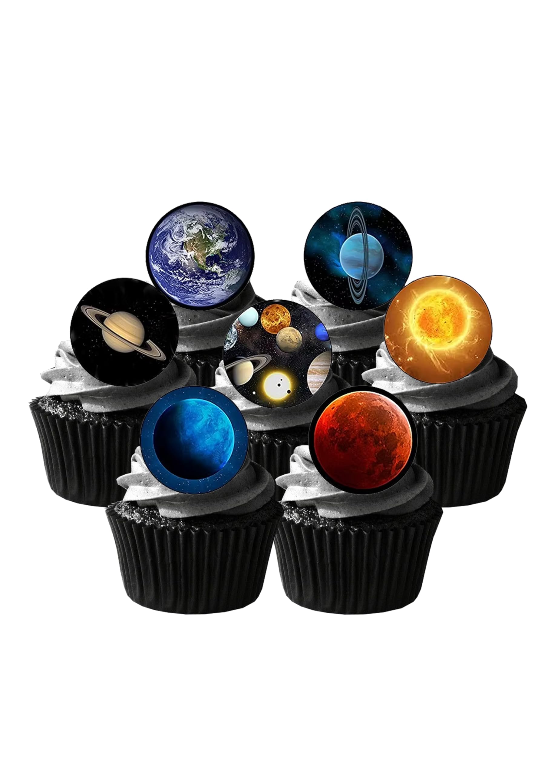24 Precut Planets Outer Space Themed Edible Wafer Paper Cake Toppers Decorations