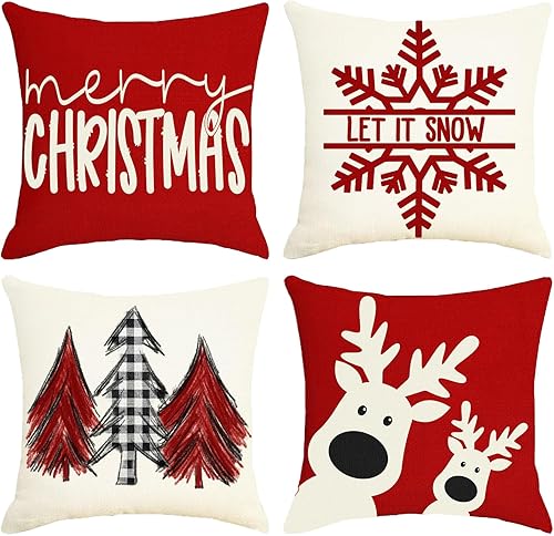 Juego de 4 fundas de almohada de Navidad de 18 x 18 pulgadas, decoración de casa de campo de Navidad, fundas de almohada de invierno, fundas de