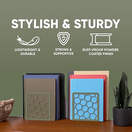 Miniatura 5 de GEOMOD Sujetalibros geométricos de metal salvia con forma de panal de abeja, extremos altos y resistentes para estantes, moderno y resistente,