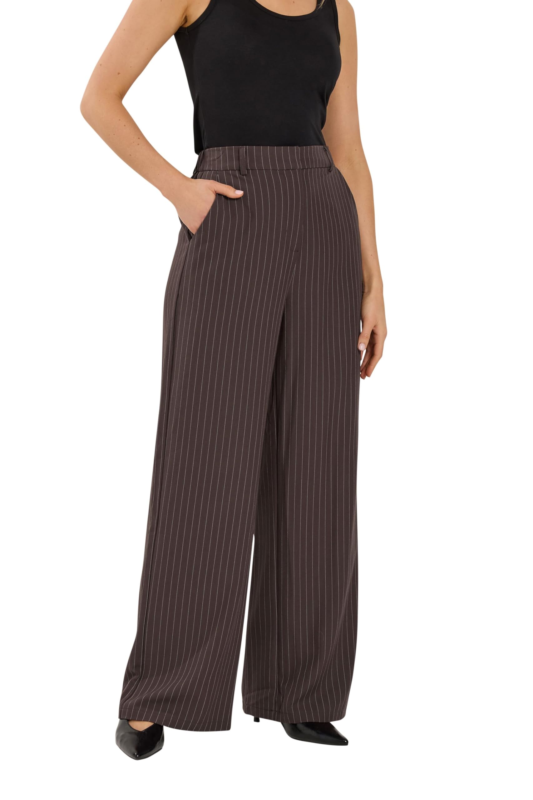 Long Tall Sally Women's Tall Pinstripe Wide Leg Trousers in Chocolate | Size: 14XL