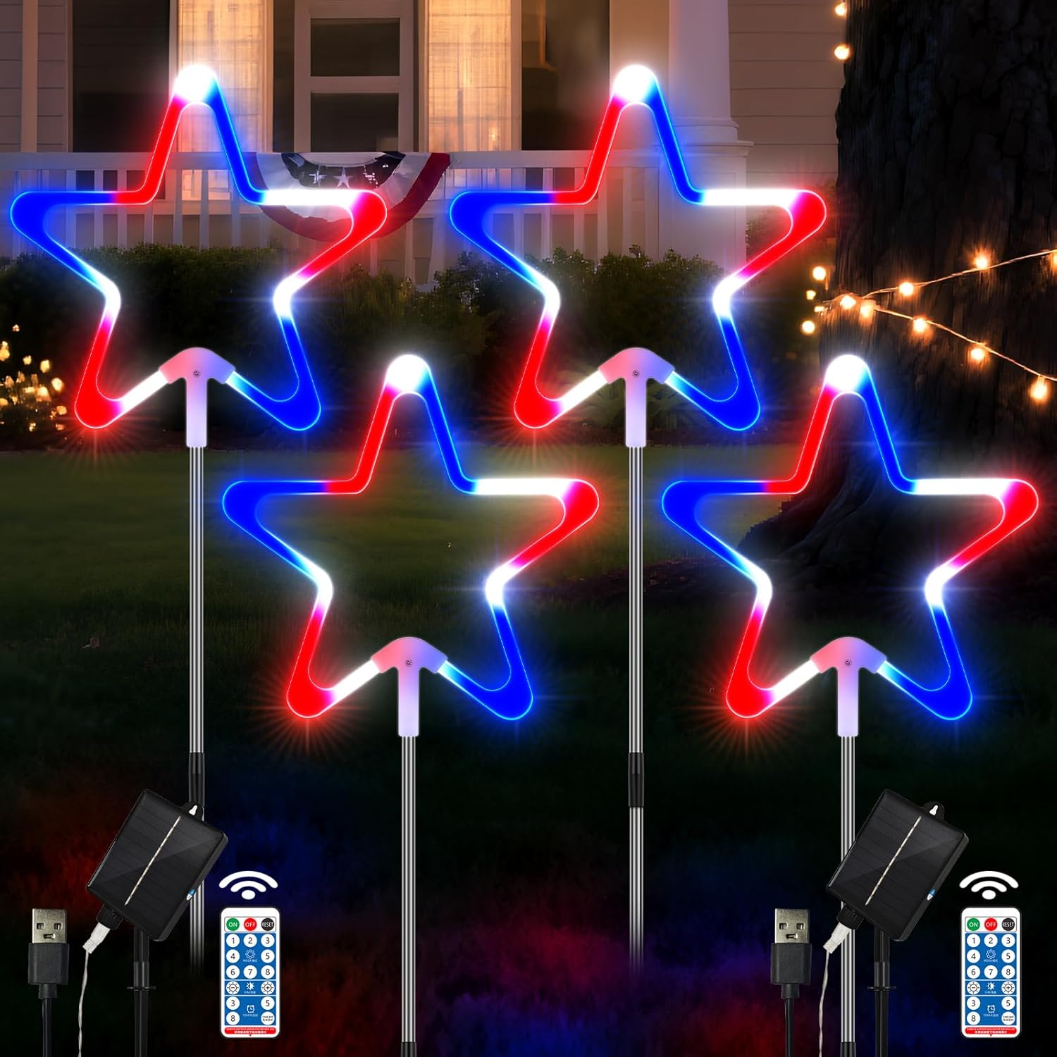 4 Pack Red White and Blue Solar Light Outdoor, 4th of July Decorations Patriotic Lights with Big LED Neon Star, Garden Stake Pathway Lights with 8 Modes for Independence Day Memorial Day Decor
