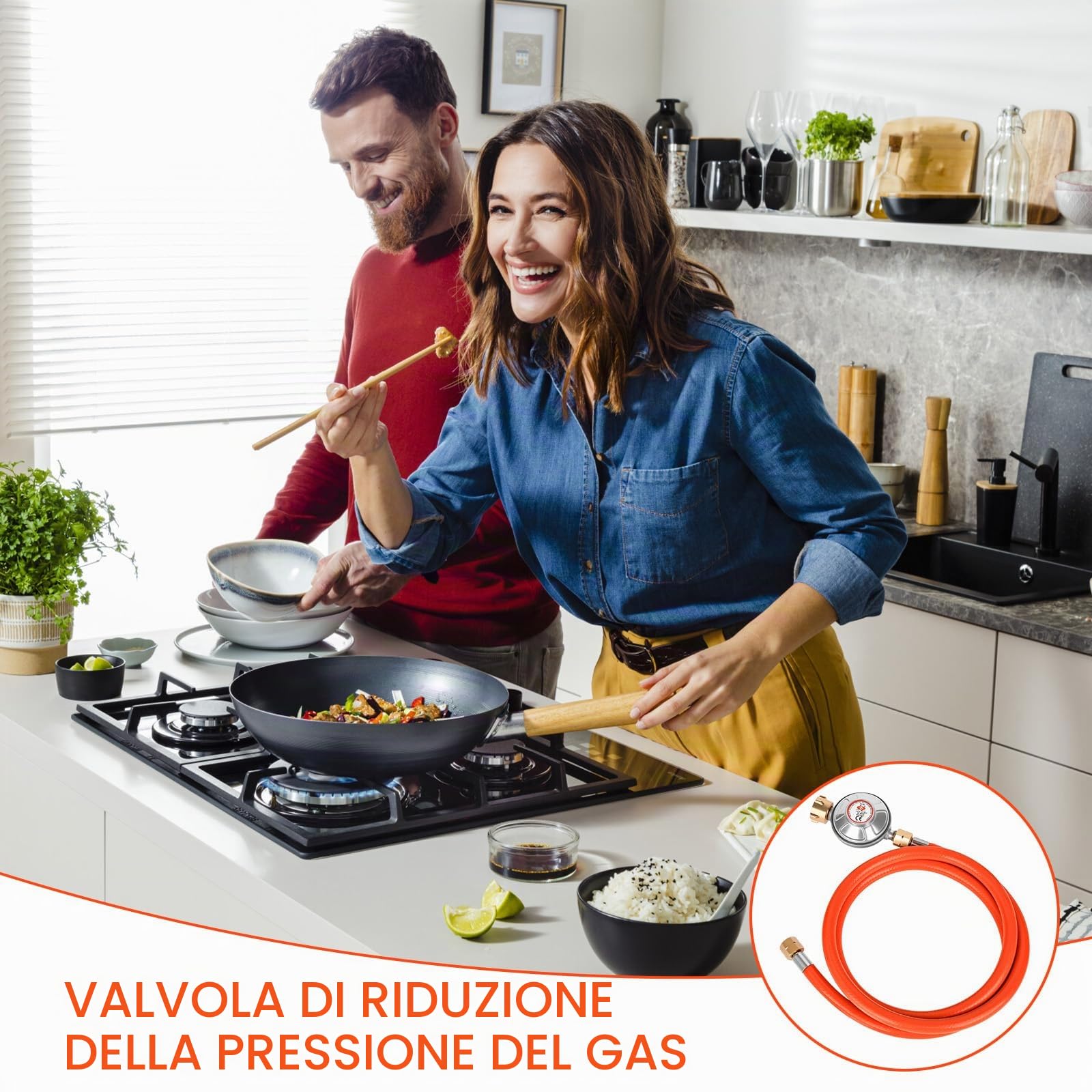 Regolatore di pressione del gas, 50 mbar, tubo del gas, 150 cm, filettatura esterna, 1/4" -19 LH, regolatore di pressione a bassa pressione per barbecue per campeggio, picnic, barbecue