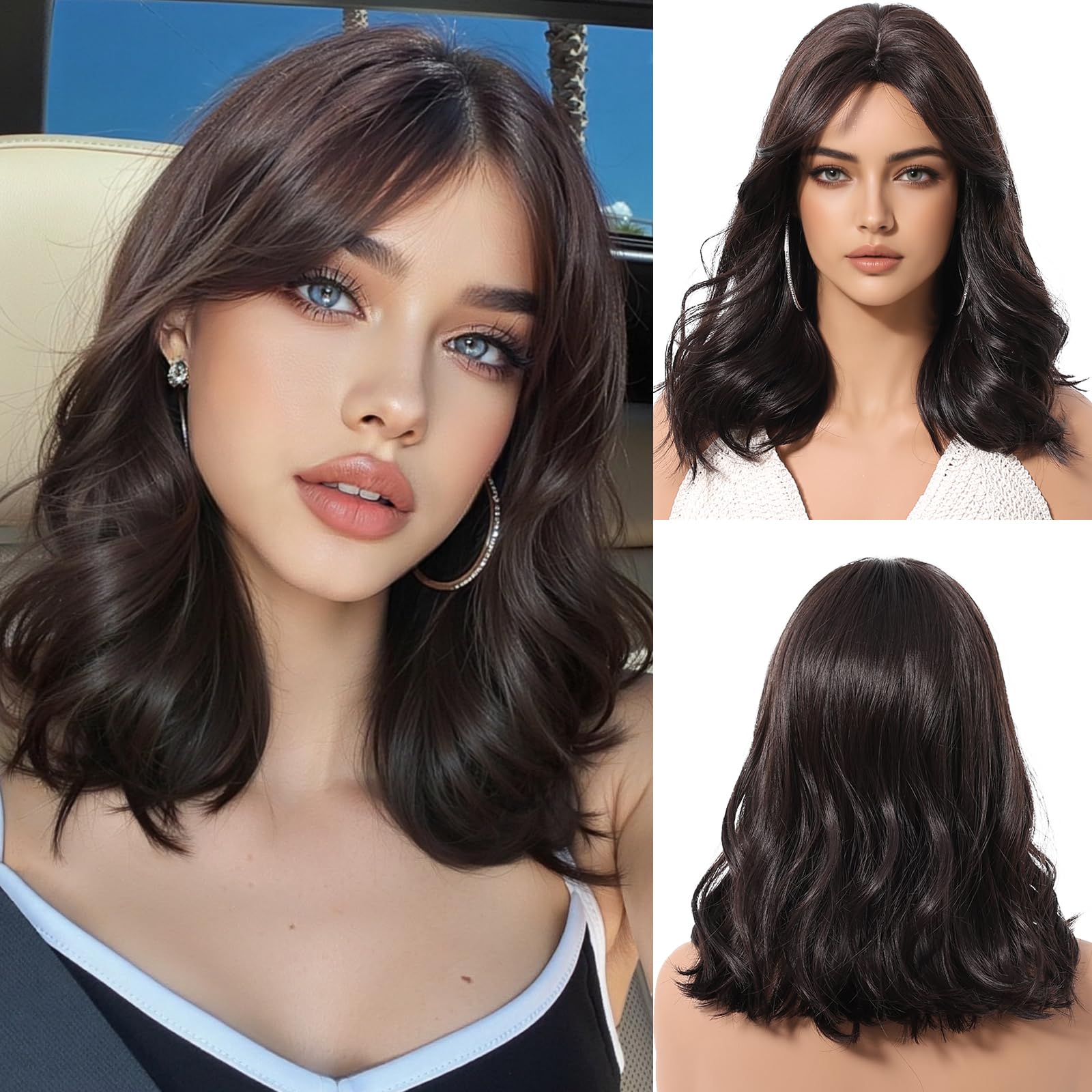OUFEI Dark Brown Bob Wigs for Women Short Curly Wig With Curtain Bangs Natural Synthetic Hair Heat Resistant Wigs for Daily Party Cosplay Wear