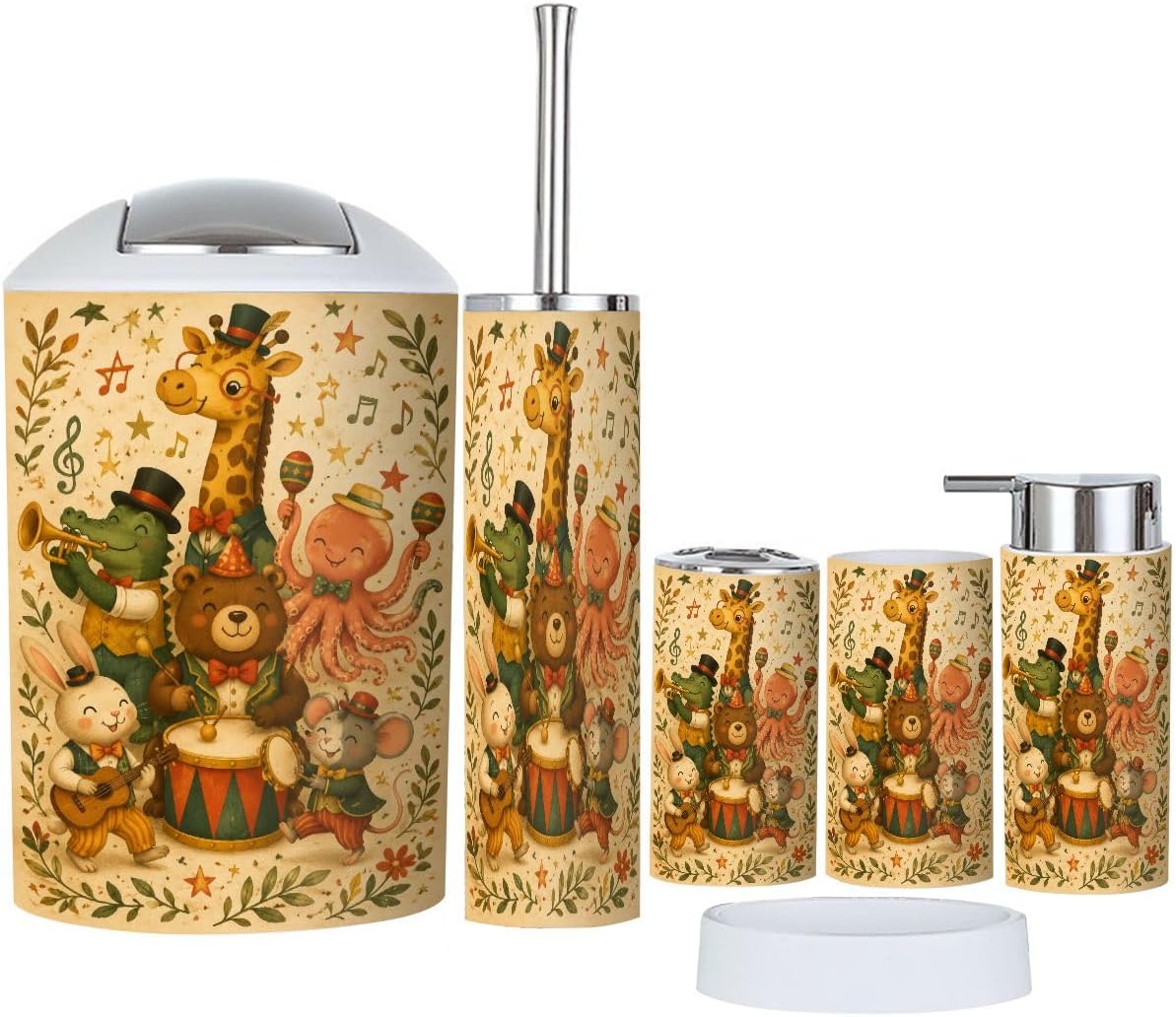 Bathroom Accessories Set 6 piece Whimsical Animal Orchestra Plastic shatterproof Vanity Organization countertop Decor for Home, Apartment, Dorm