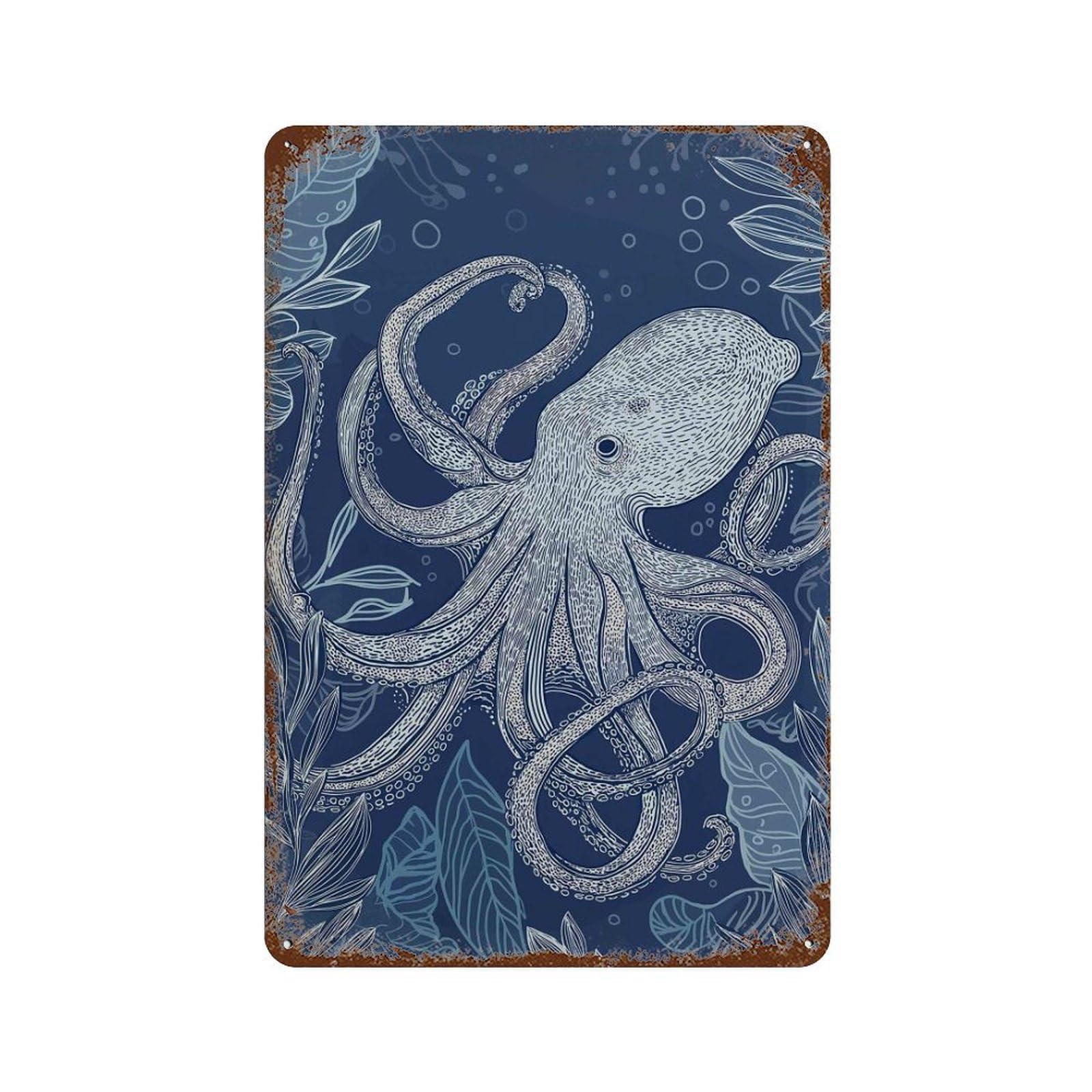 xiaoxiaoshen Octopus Navy Blue Ocean Animal Coastal Sea Life Marine Bathroom Nautical Design Wall Decor Art Metal Tin Poster Modern Home Decor Art Home Bar Shop Decorations Vintage Sign 30x20cm