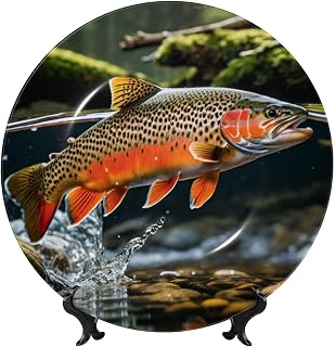 Brook Trout Fish in Water Print Bone China Decorative Plate Art Crafts Ceramic Plate Ornaments with Display Stand