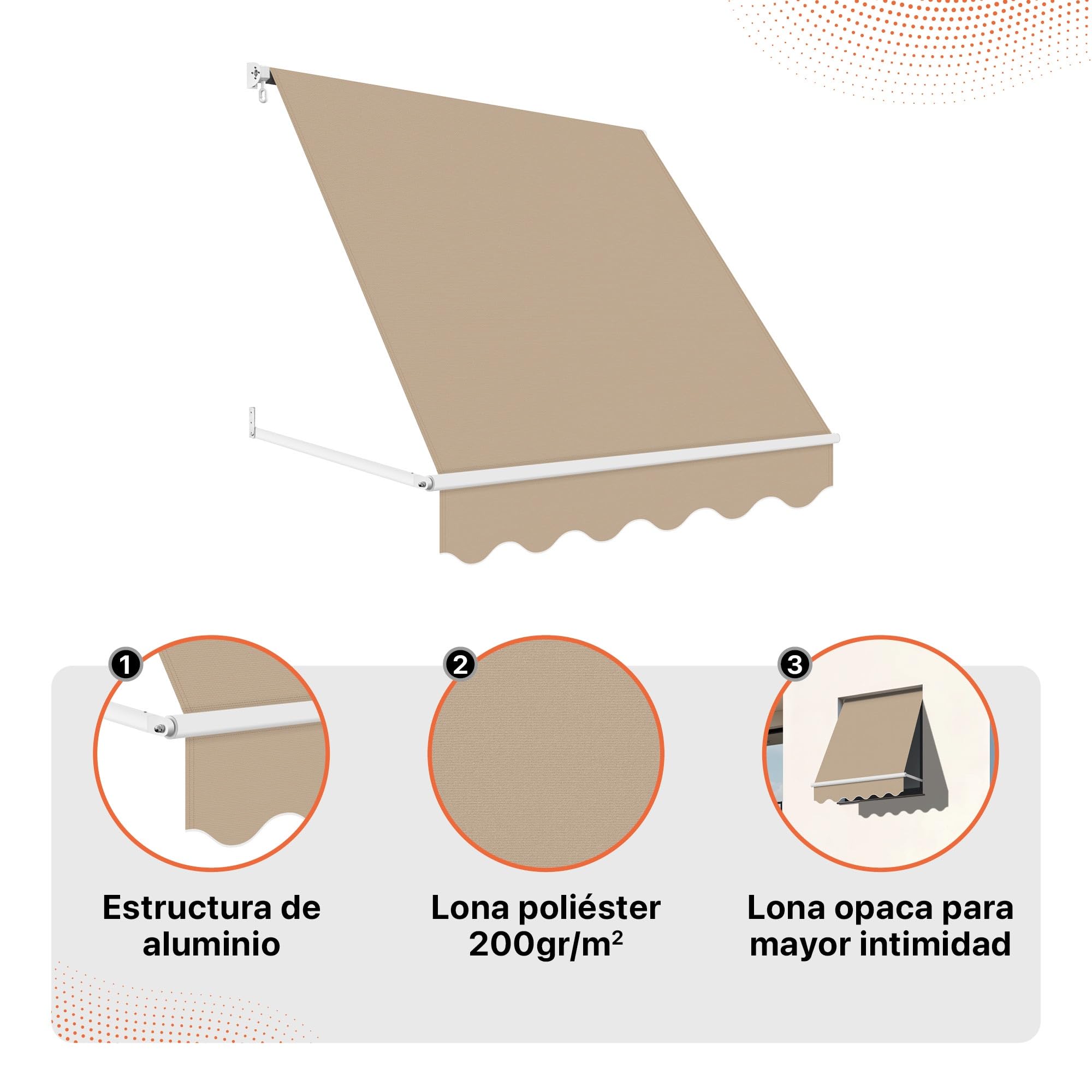 Wasabi - Toldo Exterior Ventana Enrollable 120 x 120cm Beige Arena – Lona Protección Solar UV Poliéster 200 gr/m2 – Soporte Techo y Pared – Estructura de Aluminio - Manivela Manual – Terraza Jardín