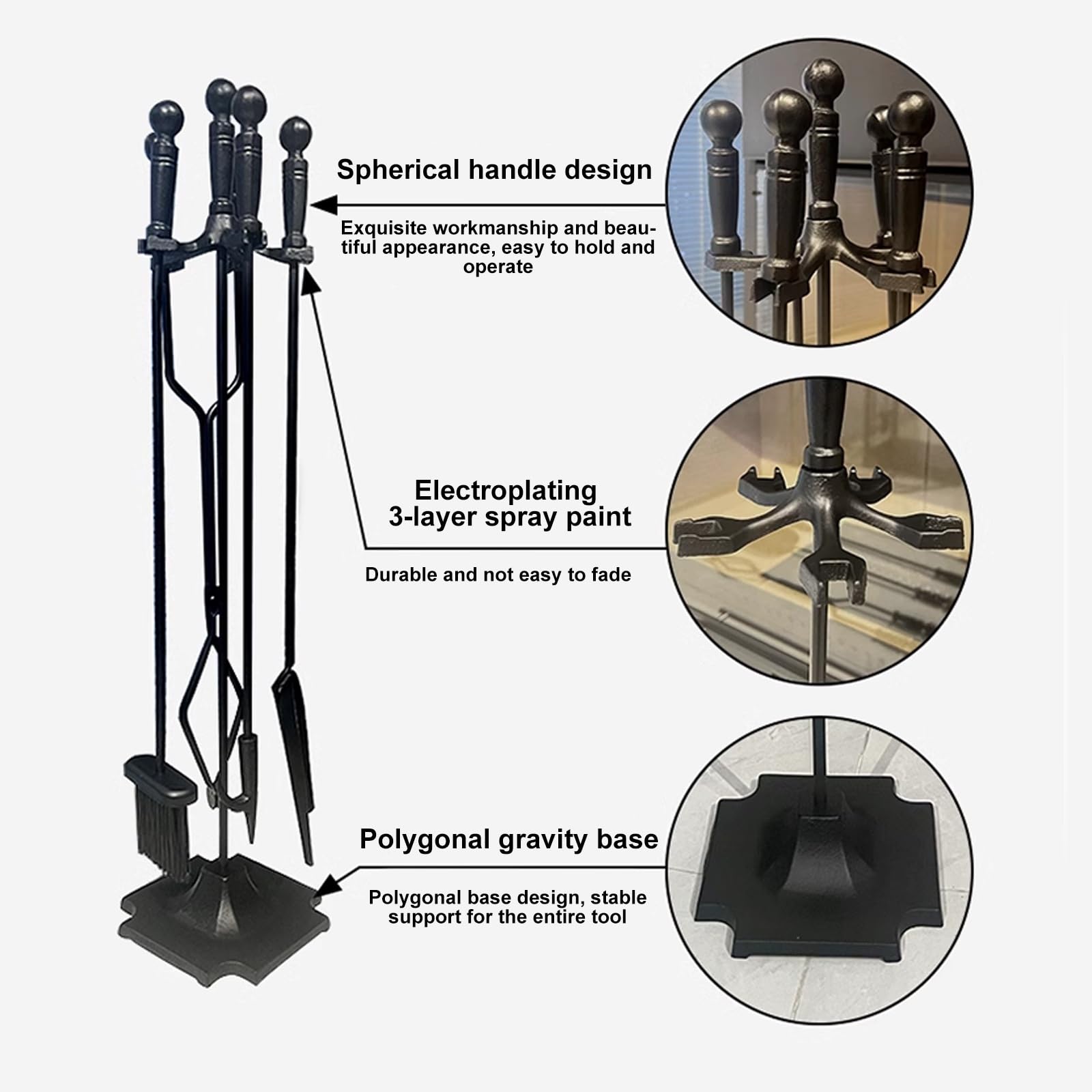 Set di attrezzi per caminetto con base di supporto, kit di accessori per camino, con spazzola, pala, pinza e attizzatoio in ferro battuto, con rastrelliera per camini grandi